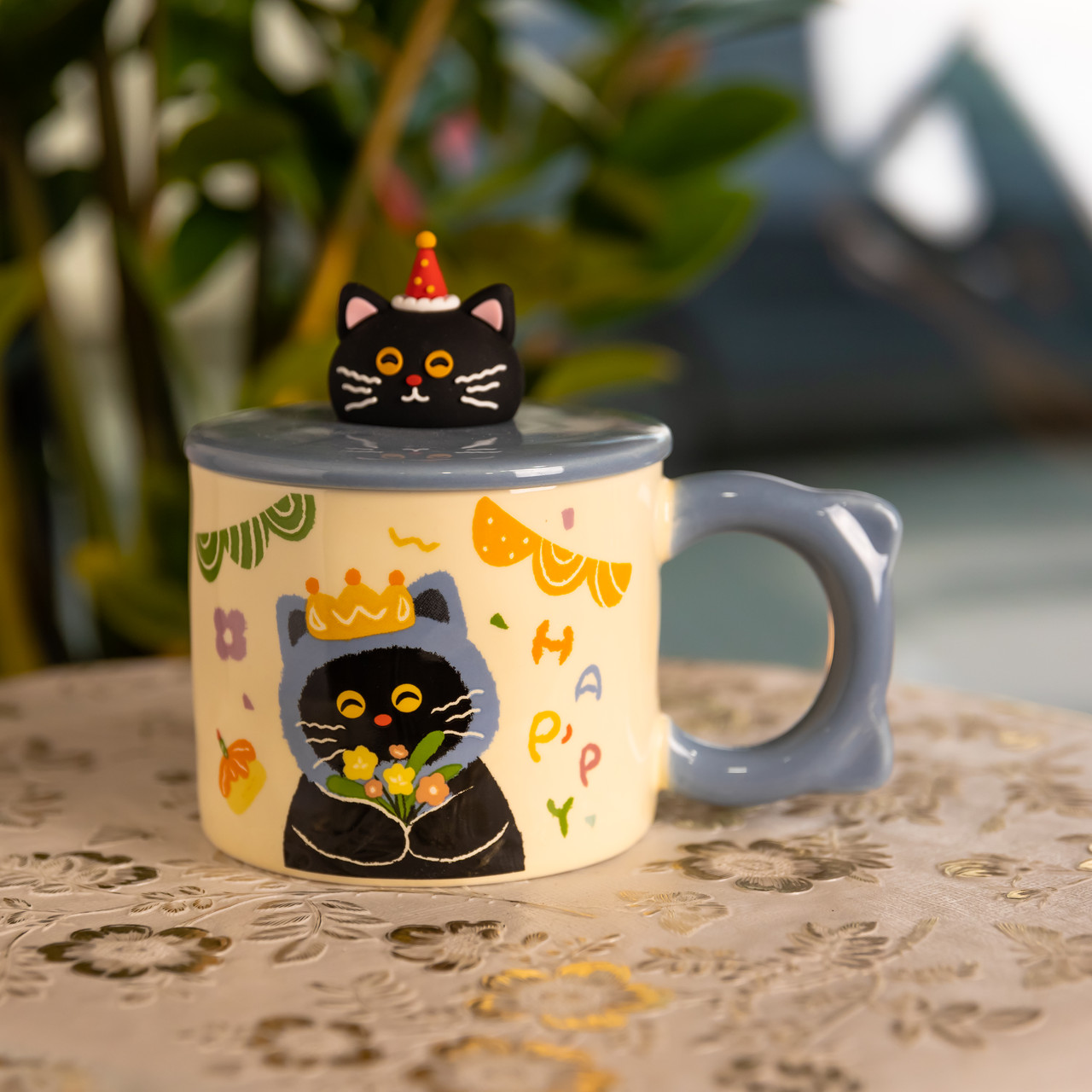 Кубок порцелянова з кришкою Kitten&apos;s Birthday 400 (мл) подарункова кружка прикольна чашка для дітей на подарунок Синій FM-24A