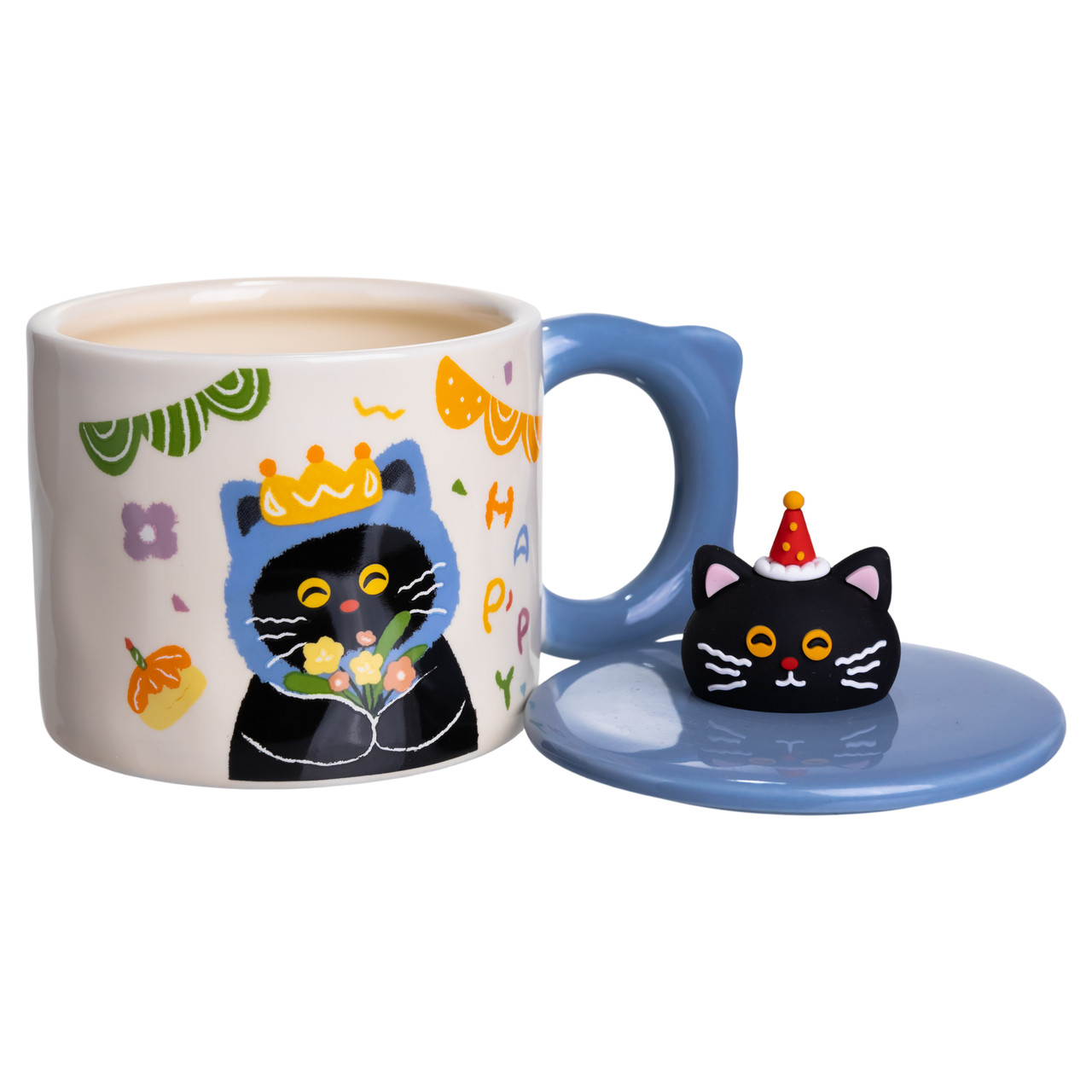 Кубок порцелянова з кришкою Kitten&apos;s Birthday 400 (мл) подарункова кружка прикольна чашка для дітей на подарунок Синій FM-24A