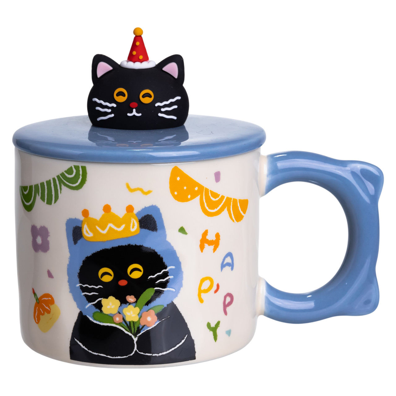 Кубок порцелянова з кришкою Kitten&apos;s Birthday 400 (мл) подарункова кружка прикольна чашка для дітей на подарунок Синій FM-24A