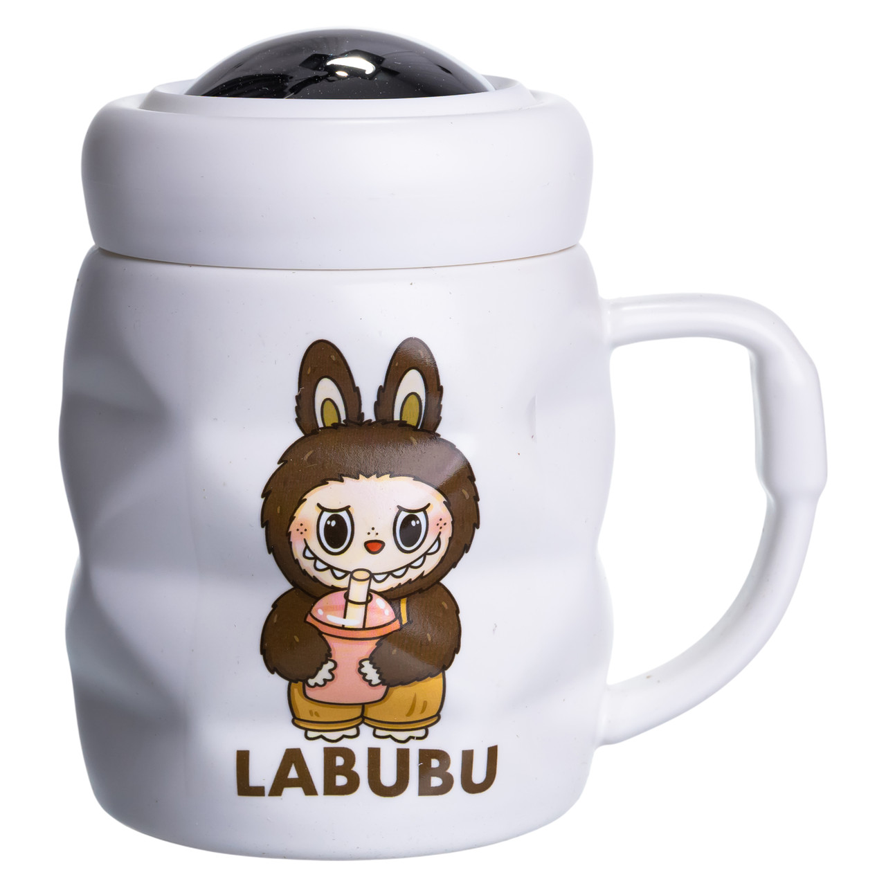 Чашка порцелянова з кришкою Labubu 400 (мл) подарункова кружка прикольна чашка для дітей на подарунок Білий з темно-коричневим FM-54C