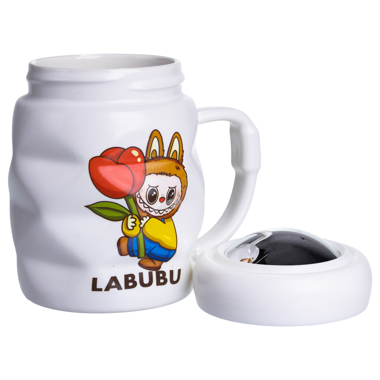 Чашка порцелянова з кришкою Labubu 400 (мл) подарункова кружка прикольна чашка для дітей на подарунок Білий з жовтим FM-54D