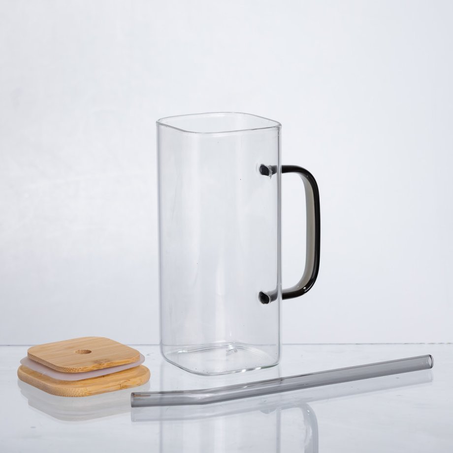 Чашка скляна 400 мл з бамбуковою кришкою та скляною трубочкою HP-19-146