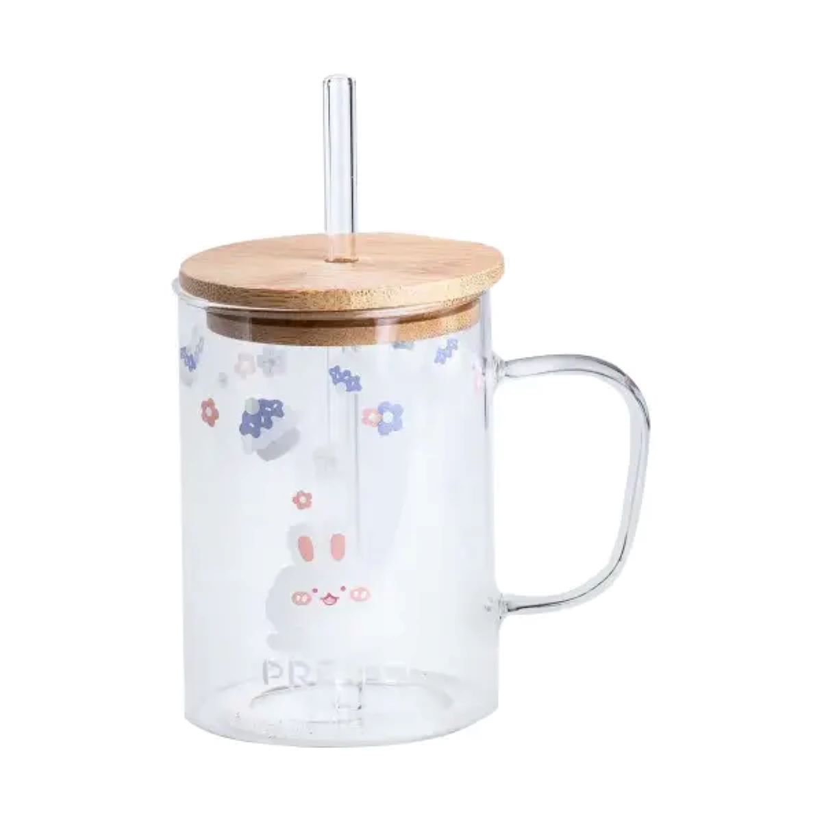 Чашка скляна з дерев'яною кришкою та трубочкою HP7214B