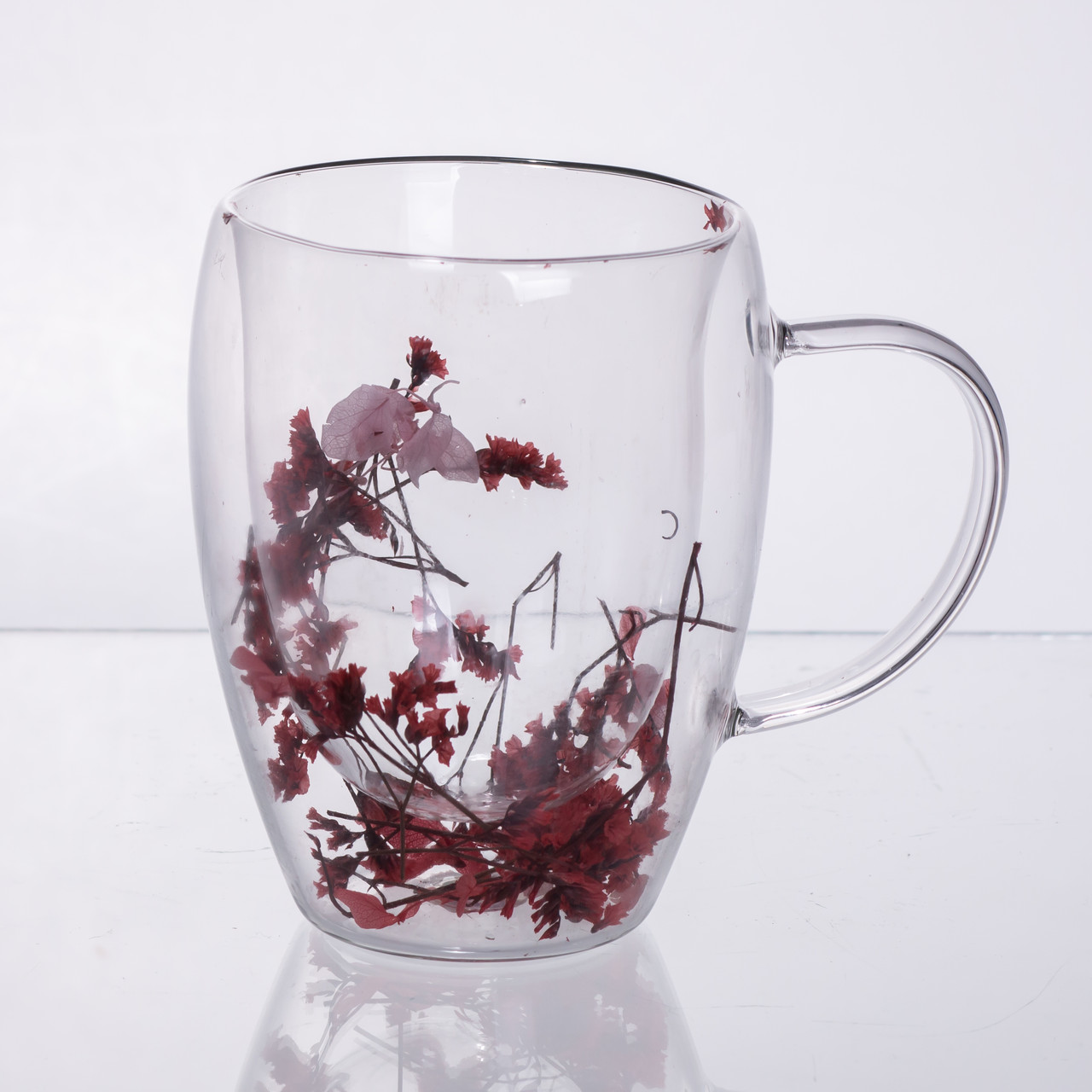 Чашки скляна з подвійними стінками з декором червоних сухоцвітів 350 мл 64486-41