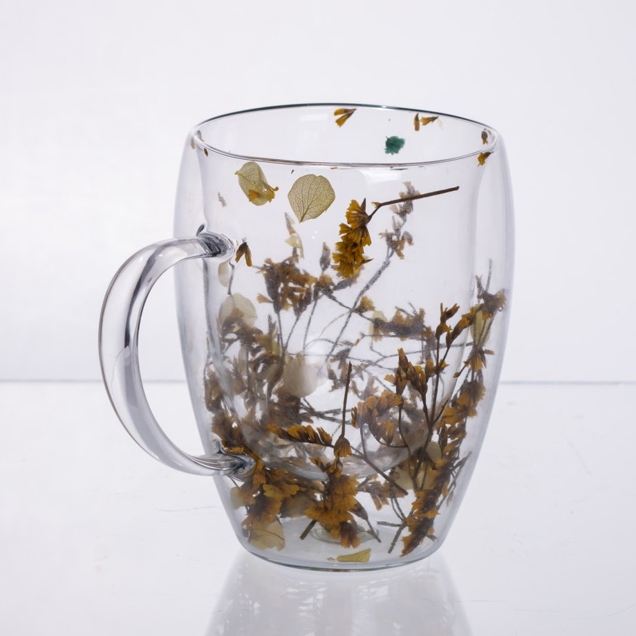 Чашка скляна з подвійними стінками, склянка з термостійкого скла з декором жовтих сухоцвітів 350 мл 64486-43