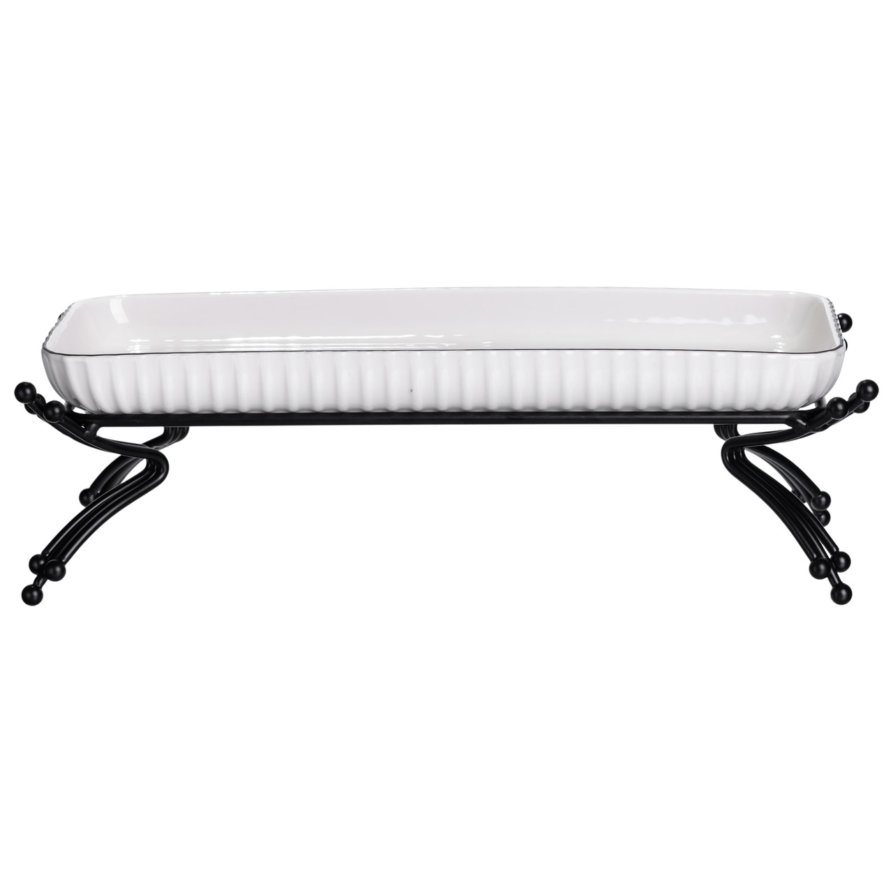 Порцелянове блюдо для сервірування на металевій підставці 29,5×12×9 (см) Біле з чорним LB-1565B