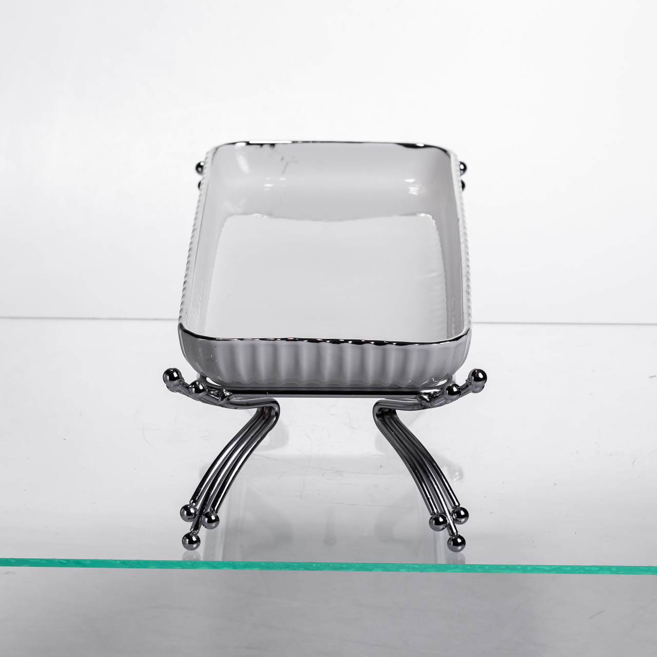 Порцелянове блюдо для сервірування на металевій підставці 29,5×12×9 (см) Біле зі сріблом LB-1565S