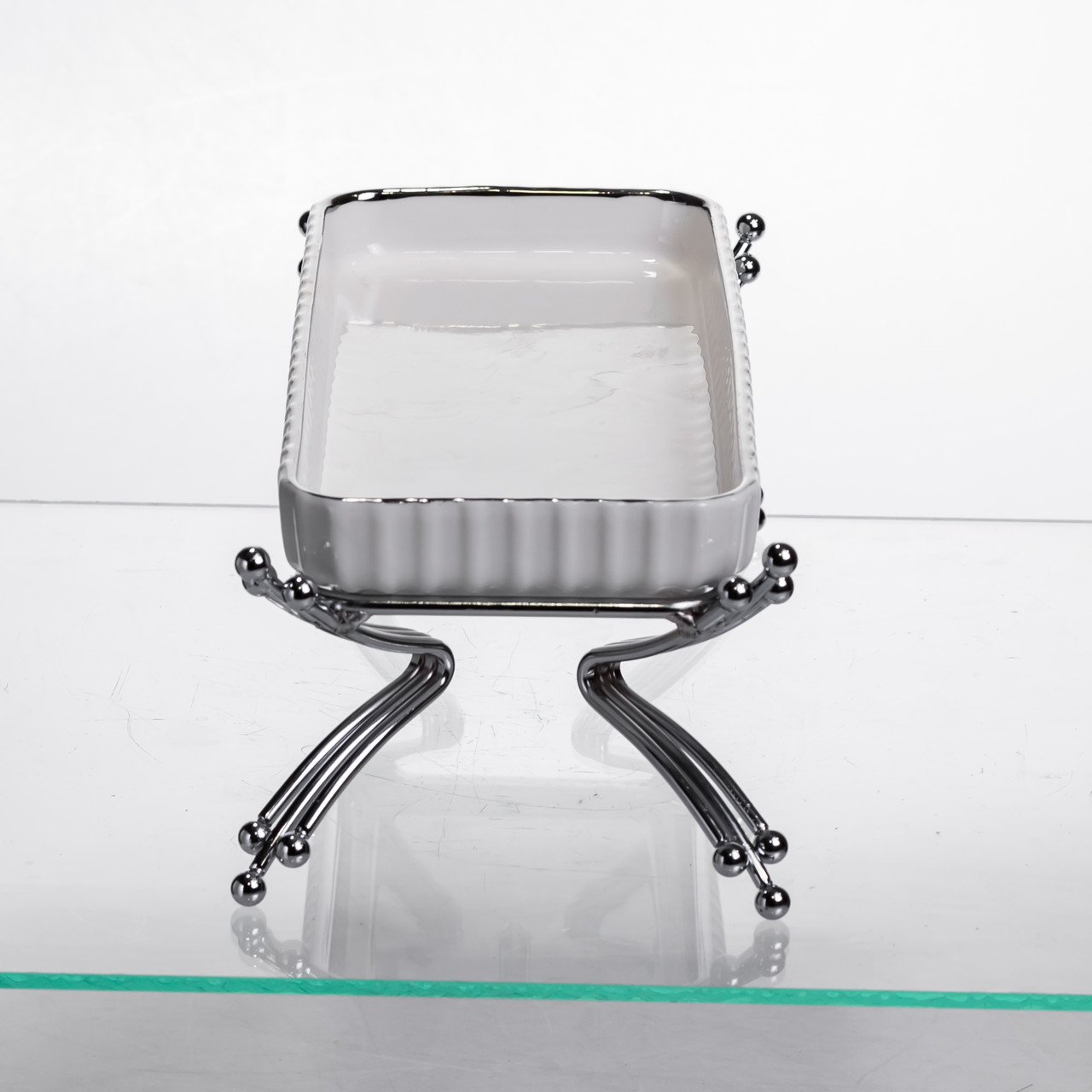 Порцелянове блюдо для сервірування на металевій підставці 37×18×5 (см) блюдо для подачі закусок Білий зі сріблом LB-1566S