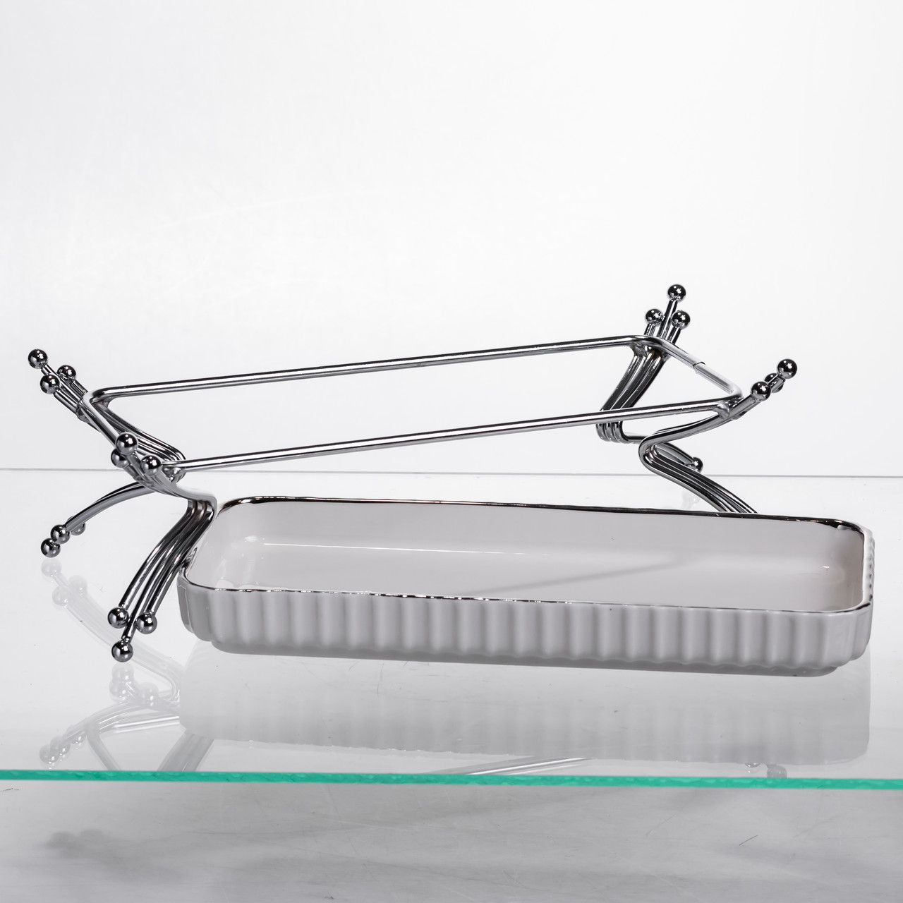 Порцелянове блюдо для сервірування на металевій підставці 37×18×5 (см) блюдо для подачі закусок Білий зі сріблом LB-1566S