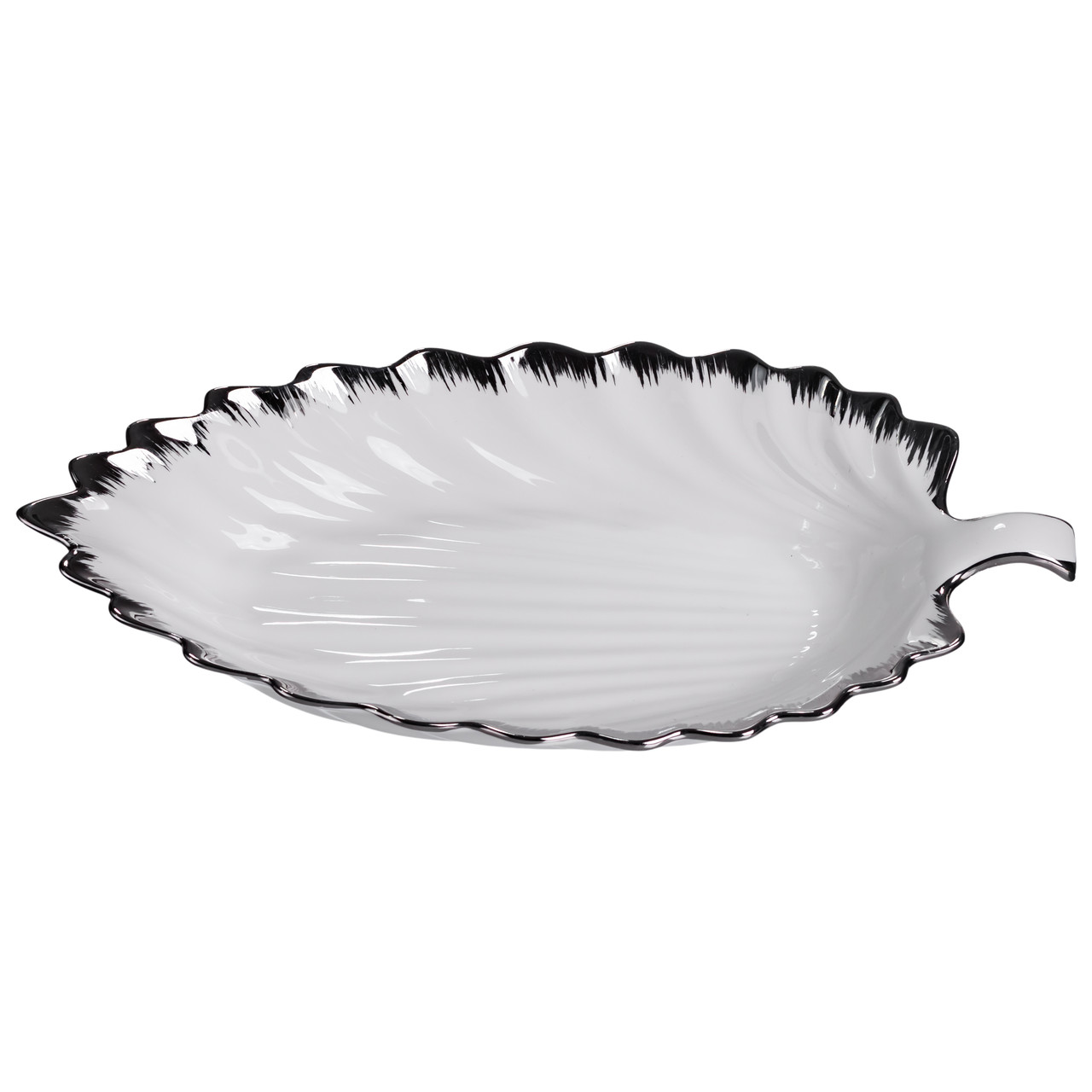 Порцелянове блюдо для сервірування столу у формі листа 41×20×6,5 (см) Біле зі сріблом 2551-1S