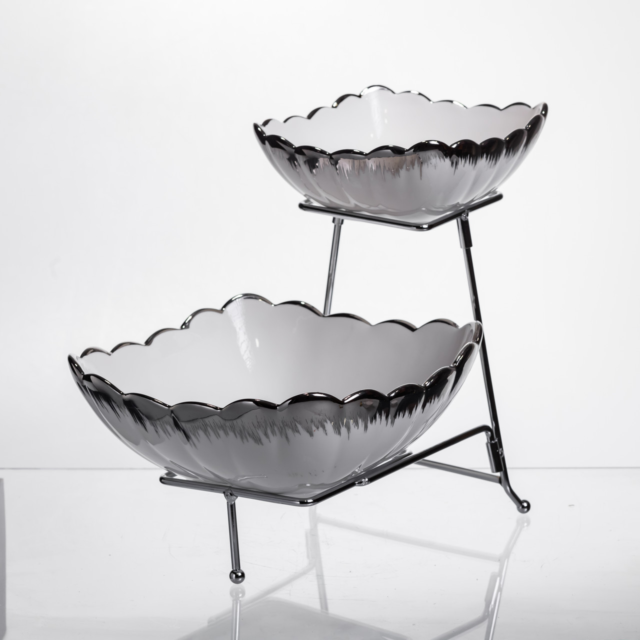 Фруктовниця на 2 яруси фуршетна 27×21×25 (см) Біла з сріблом 2561-1AS