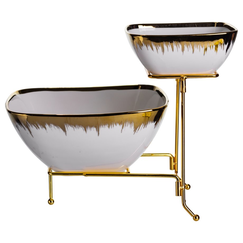 Фруктовниця на 2 яруси фуршетна стійка для закусок 31×23×25 (см) цукерниця Біла з золотом 2558-1