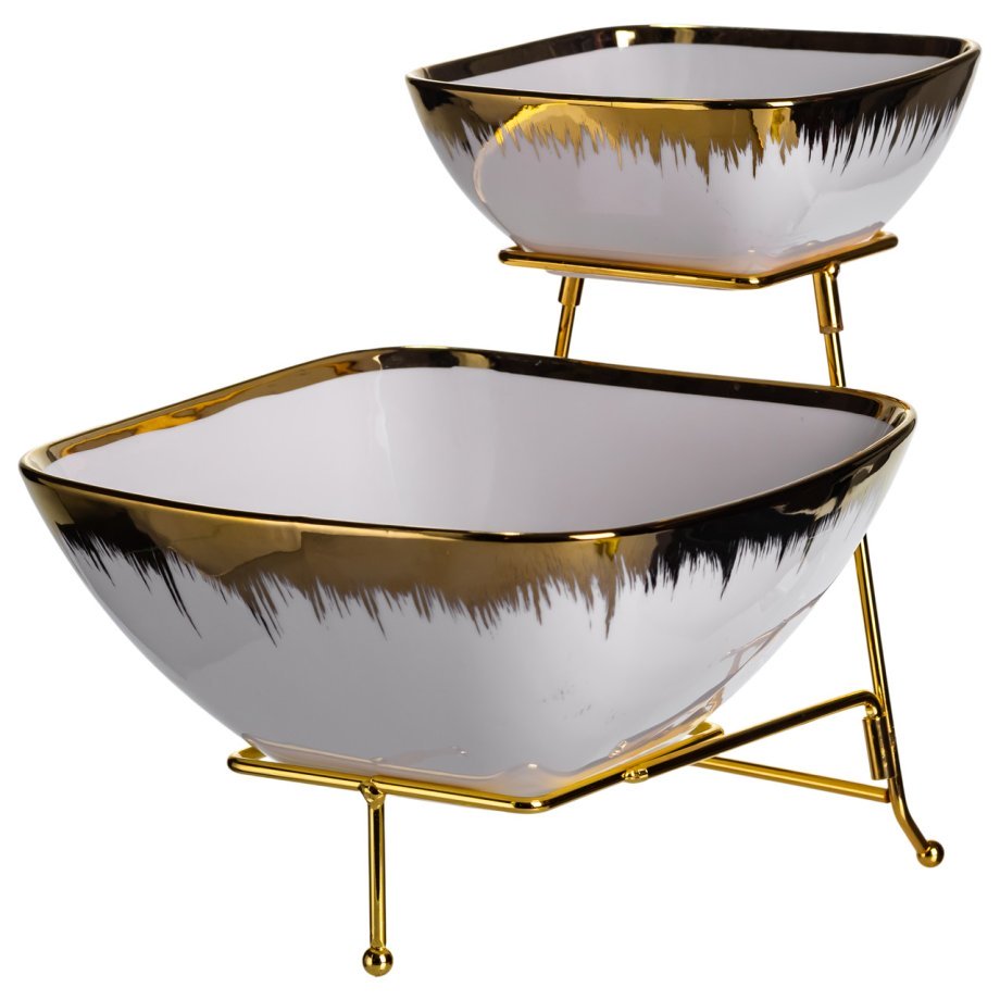 Фруктовниця на 2 яруси фуршетна стійка для закусок 31×23×25 (см) цукерниця Біла з золотом 2558-1