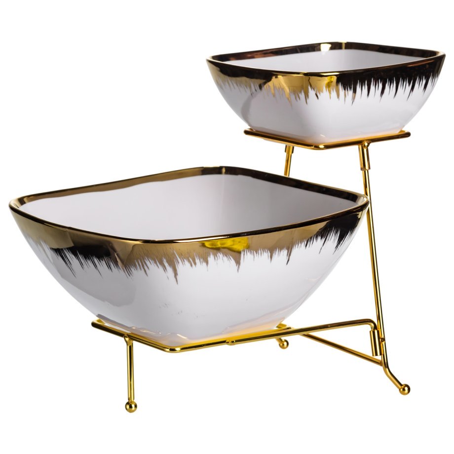 Фруктовниця на 2 яруси фуршетна стійка для закусок 31×23×25 (см) цукерниця Біла з золотом 2558-1