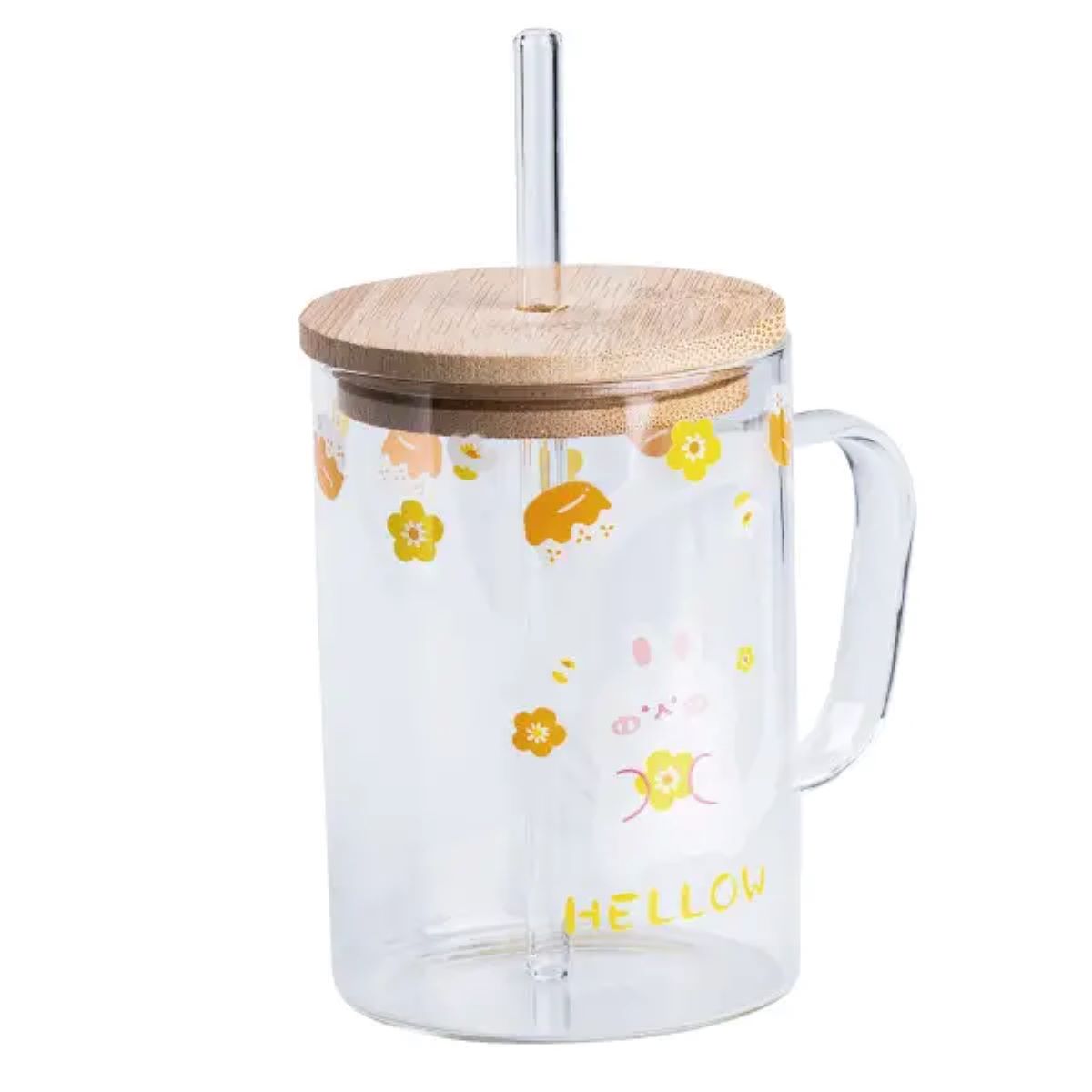 Чашка скляна з дерев'яною кришкою та трубочкою HP7214C