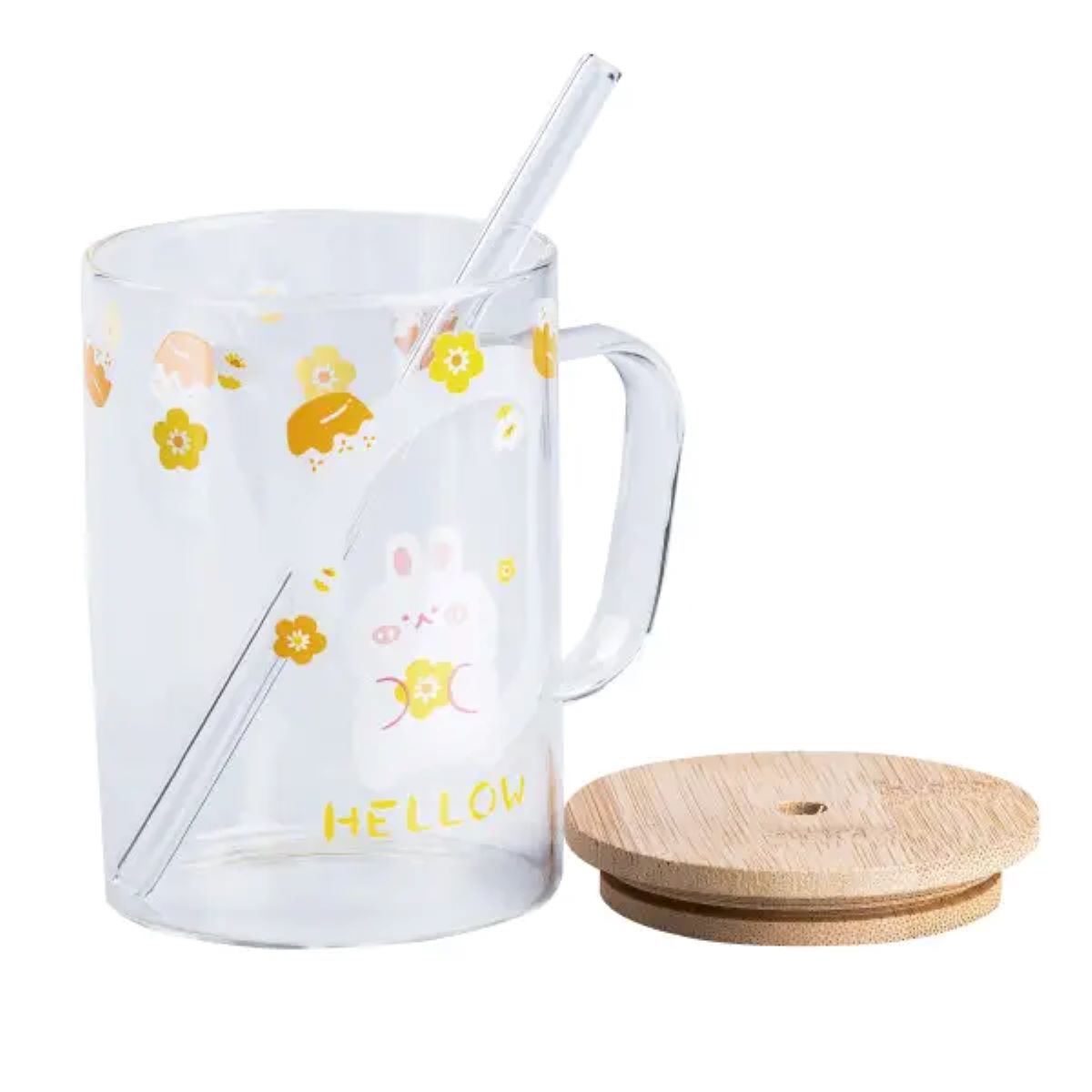 Чашка скляна з дерев&apos;яною кришкою та трубочкою HP7214C