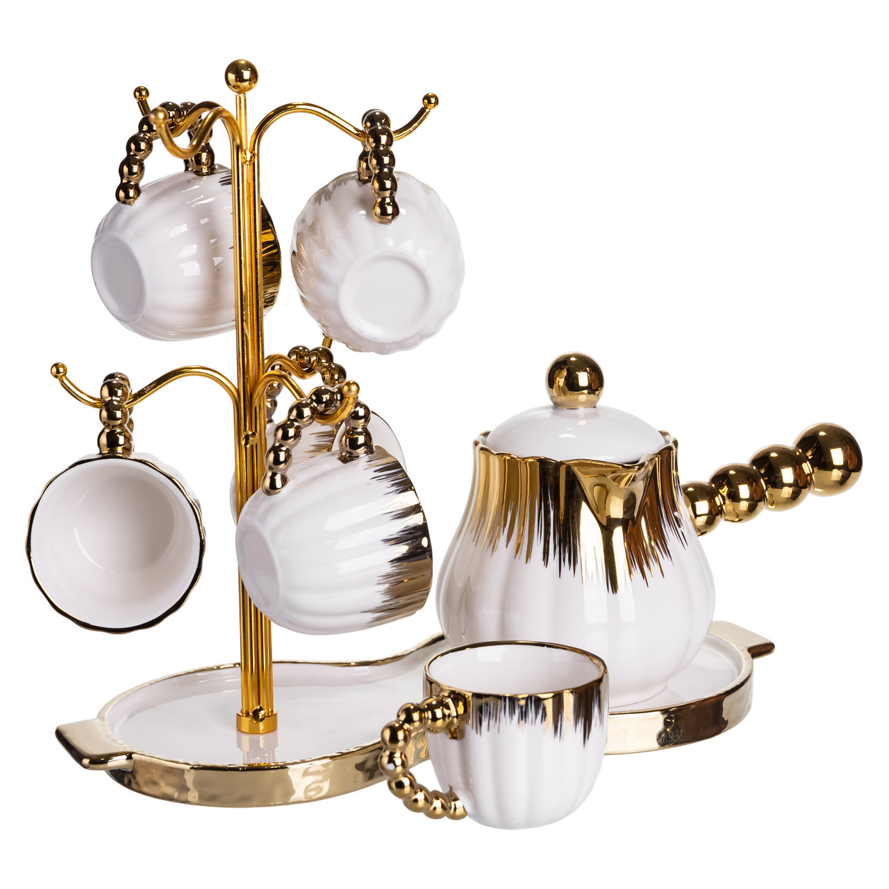 Кавовий сервіз на підставці з туркою 450 (мл) 6 чашок по 90 (мл) подарунковий набір чашок на підставці Білий із золотом FM-JJ-5