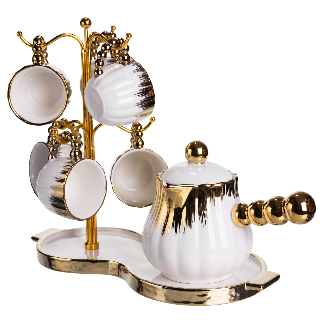 Кавовий сервіз на підставці з туркою 450 (мл) 6 чашок по 90 (мл) подарунковий набір чашок на підставці Білий із золотом FM-JJ-5