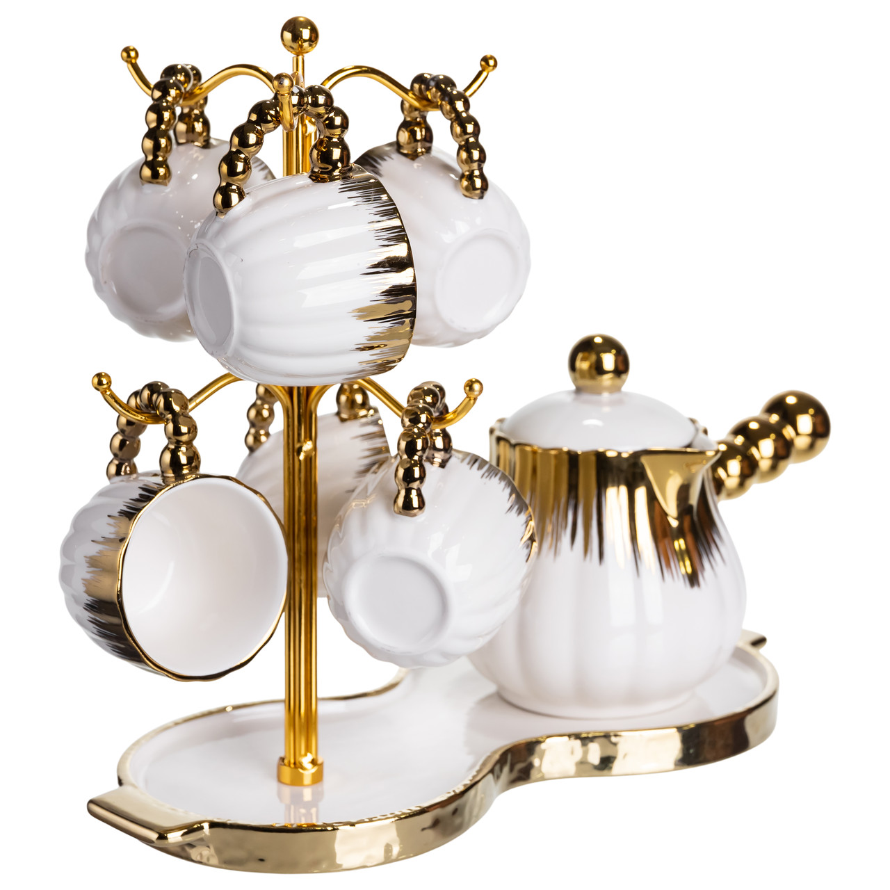 Кавовий сервіз на підставці з туркою 450 (мл) 6 чашок по 90 (мл) подарунковий набір чашок на підставці Білий із золотом FM-JJ-5