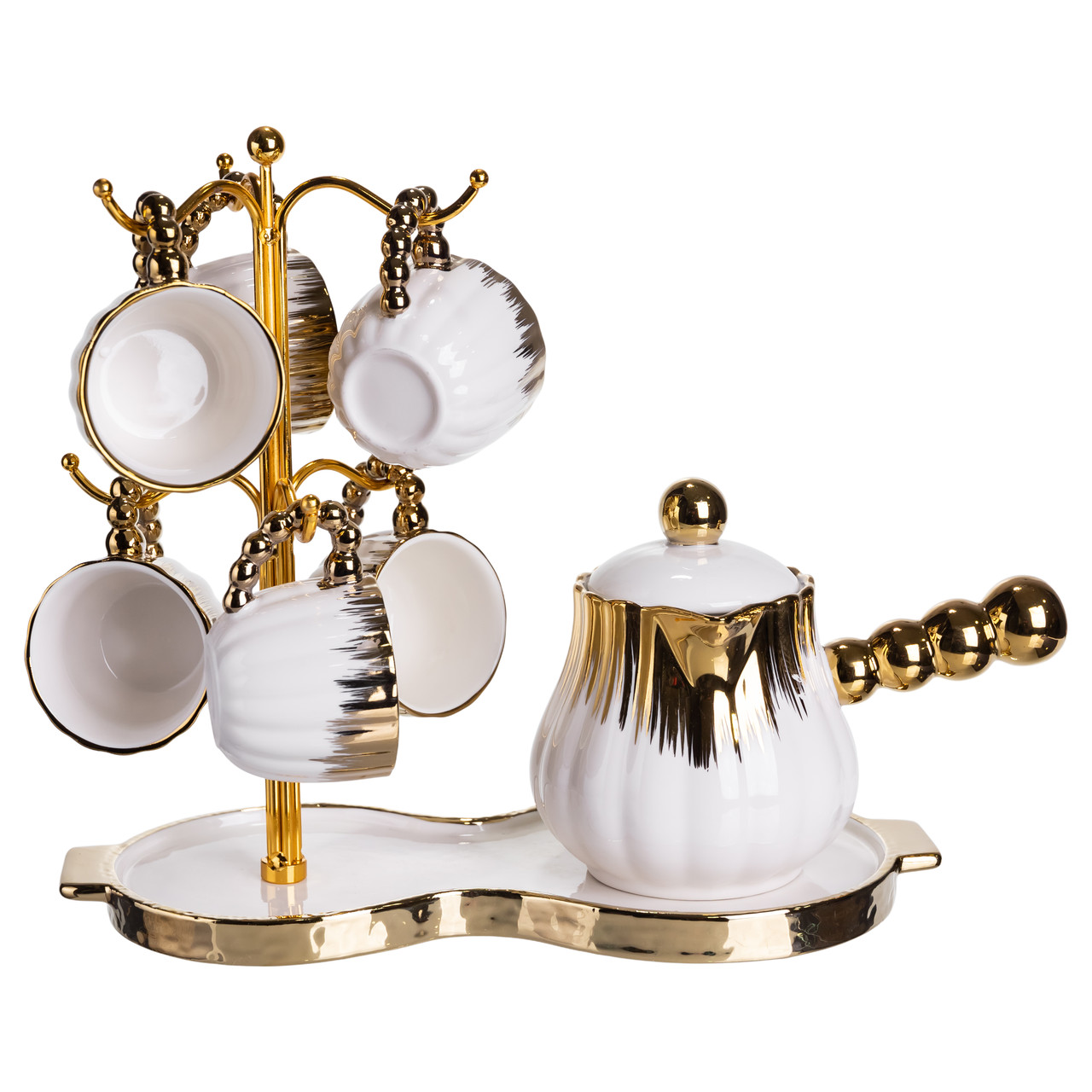 Кавовий сервіз на підставці з туркою 450 (мл) 6 чашок по 90 (мл) подарунковий набір чашок на підставці Білий із золотом FM-JJ-5