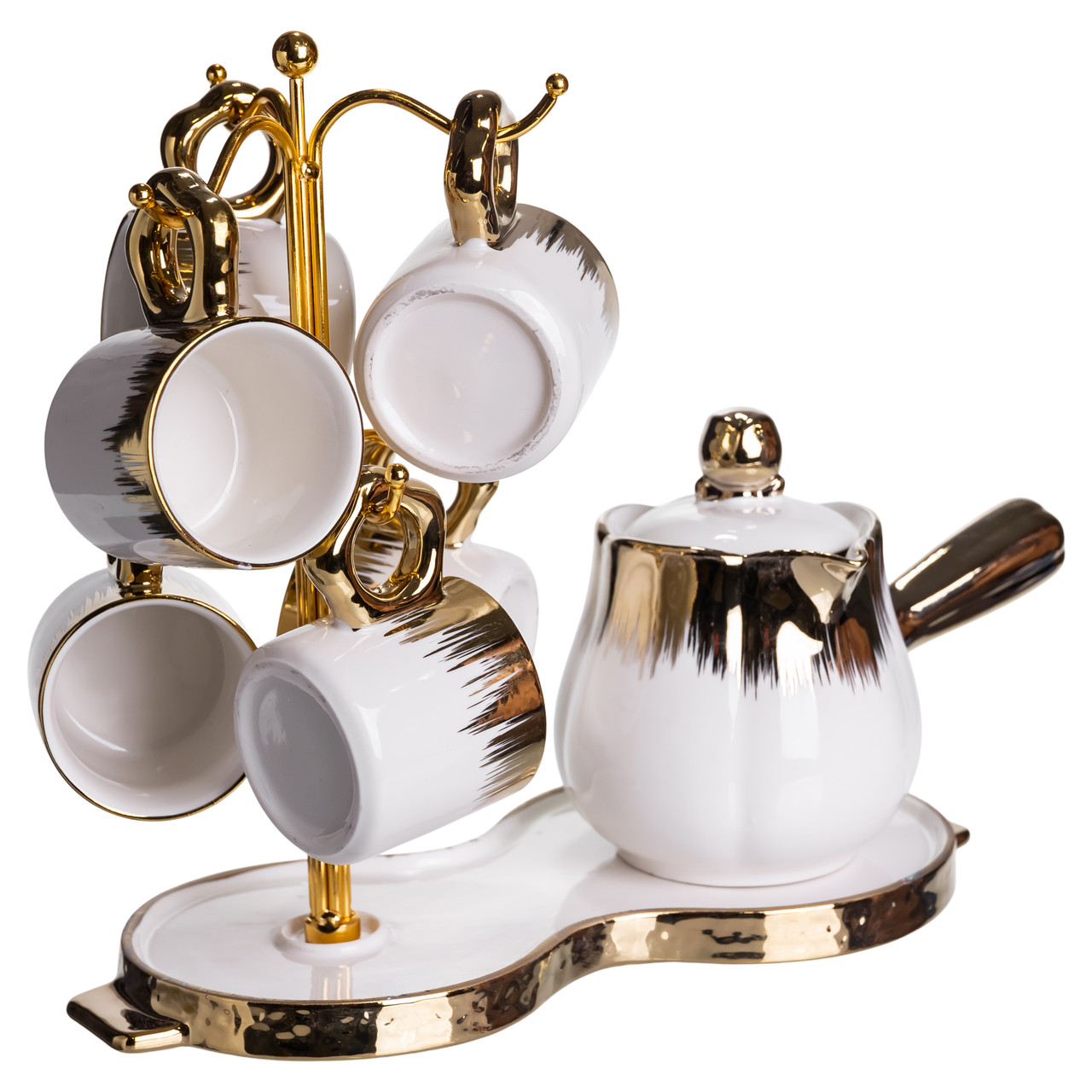 Кавовий сервіз на підставці з туркою 450 (мл) 6 чашок по 90 (мл) подарунковий набір чашок на підставці Білий із золотом FM-JJ-3