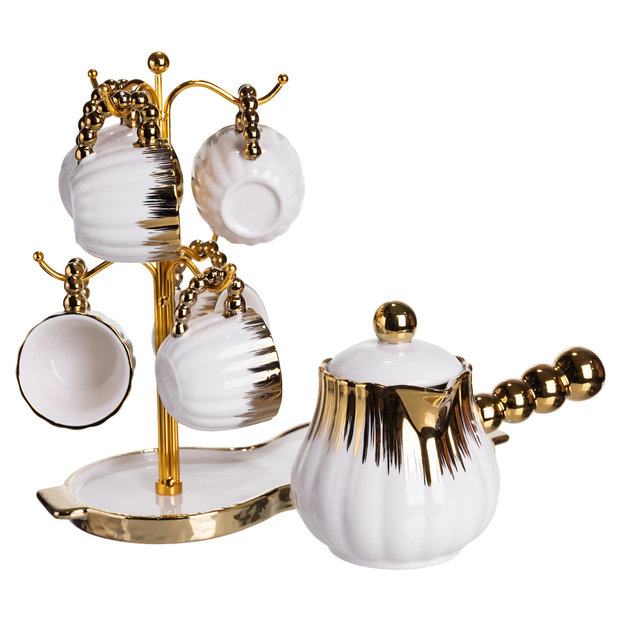 Кавовий сервіз на підставці з туркою 450 (мл) 6 чашок по 90 (мл) подарунковий набір чашок на підставці Білий із золотом FM-JJ-5