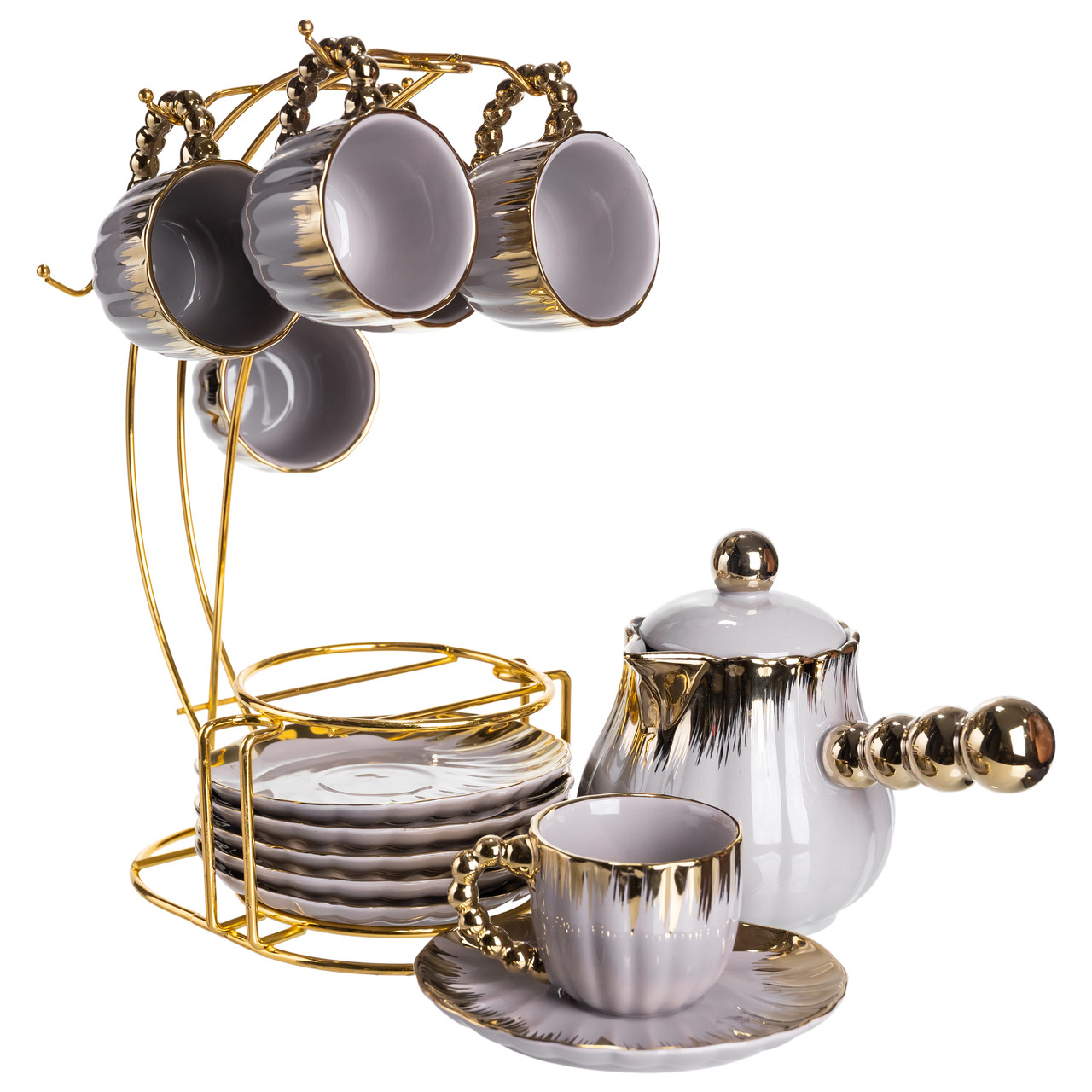 Кавовий сервіз на підставці з туркою 450 (мл) 6 чашок по 90 (мл) подарунковий набір чашок на підставці Сірий із золотом FM-JJ-4