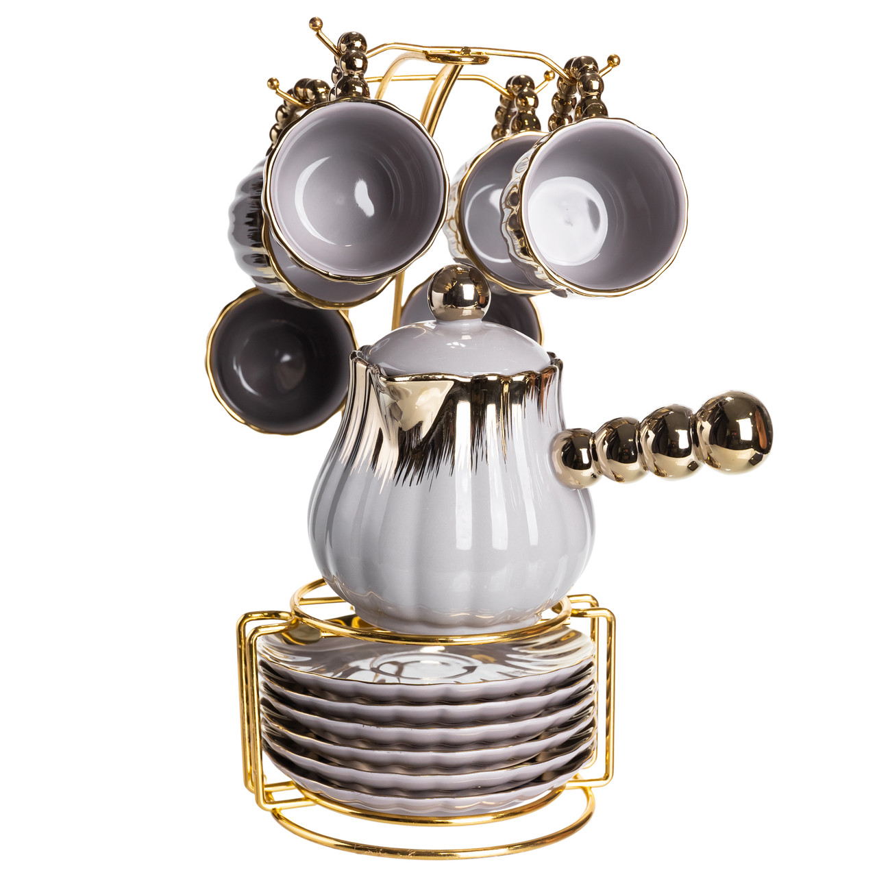 Кавовий сервіз на підставці з туркою 450 (мл) 6 чашок по 90 (мл) подарунковий набір чашок на підставці Сірий із золотом FM-JJ-4