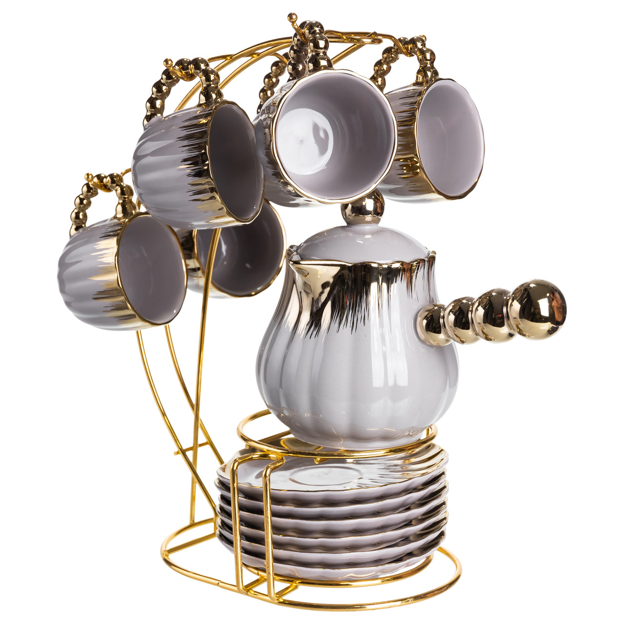 Кавовий сервіз на підставці з туркою 450 (мл) 6 чашок по 90 (мл) подарунковий набір чашок на підставці Сірий із золотом FM-JJ-4