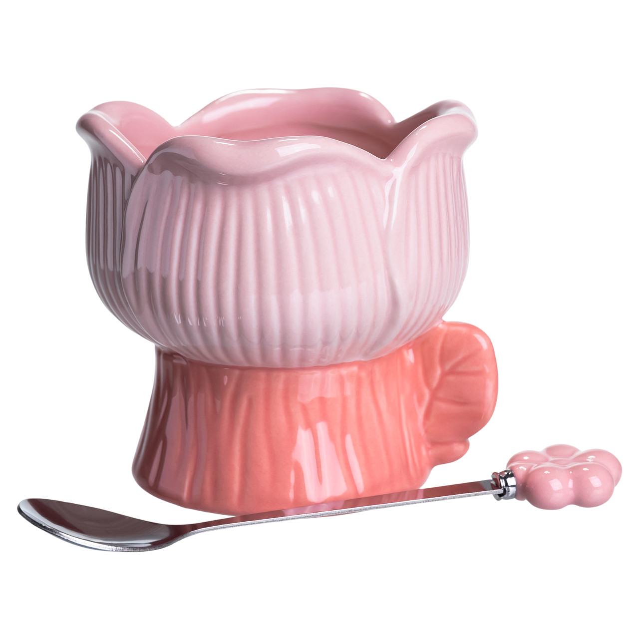 Креманка порцелянова з ложкою у формі квітки 300 (мл) креманка для десертів, морозива та желе Рожевий FM-42P