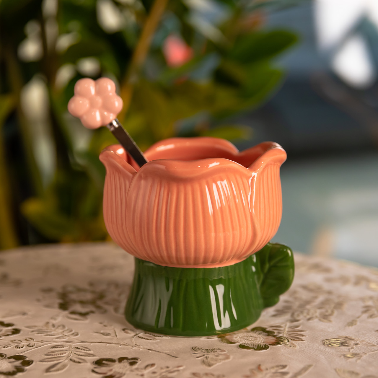 Креманка порцелянова з ложкою у формі квітки 300 (мл) креманка для десертів, морозива та желе Зелений з рожевим FM-42GR