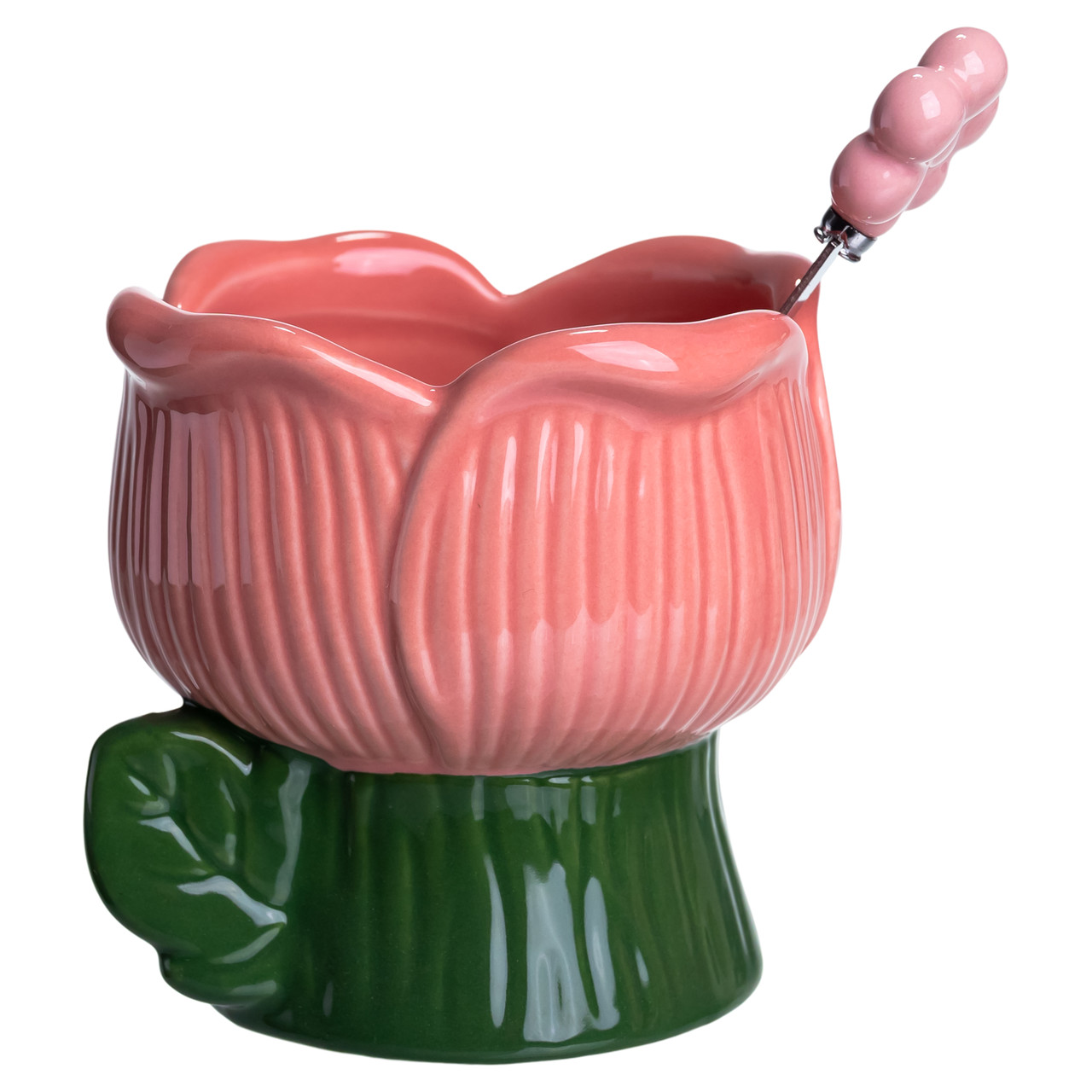 Креманка порцелянова з ложкою у формі квітки 300 (мл) креманка для десертів, морозива та желе Зелений з рожевим FM-42GR