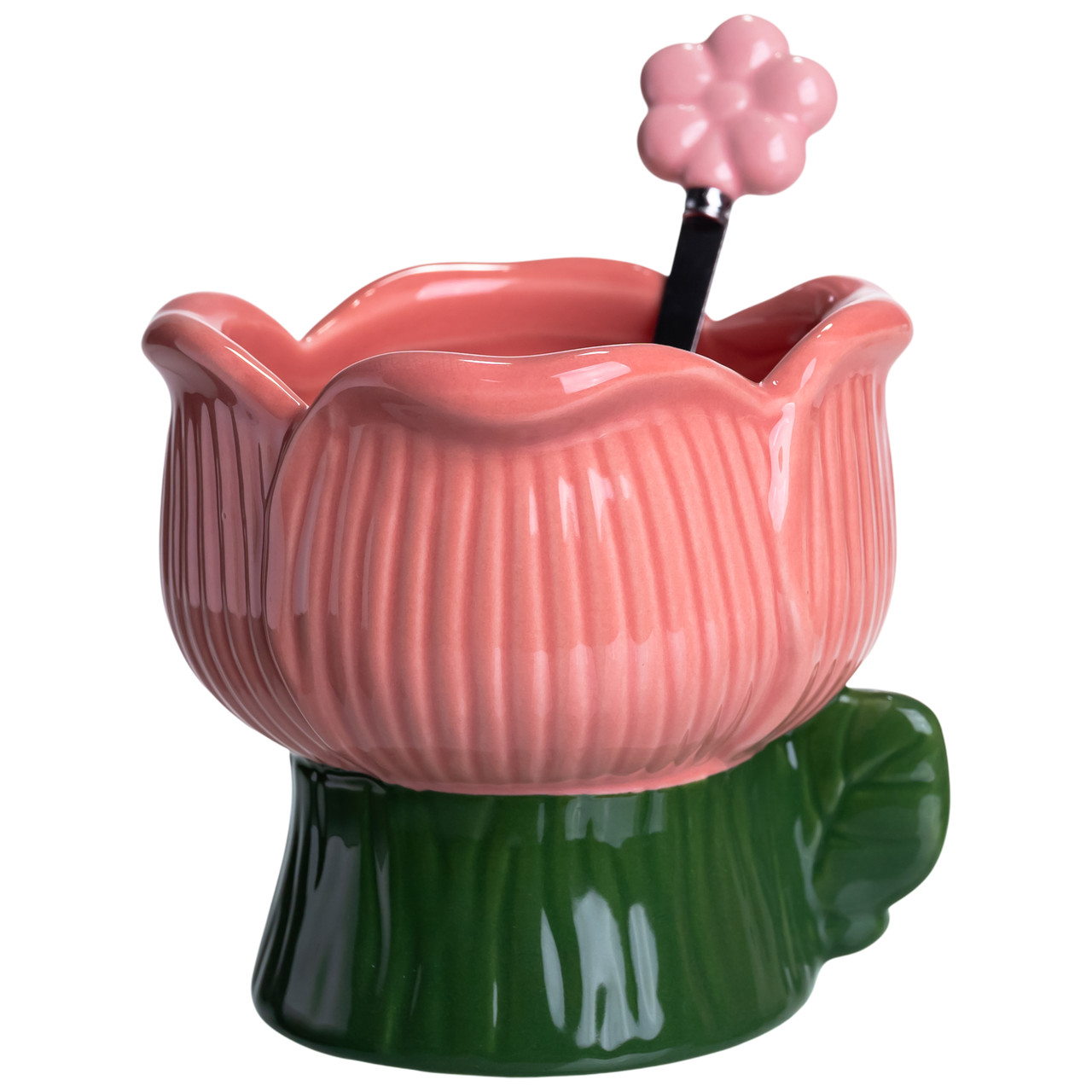 Креманка порцелянова з ложкою у формі квітки 300 (мл) креманка для десертів, морозива та желе Зелений з рожевим FM-42GR