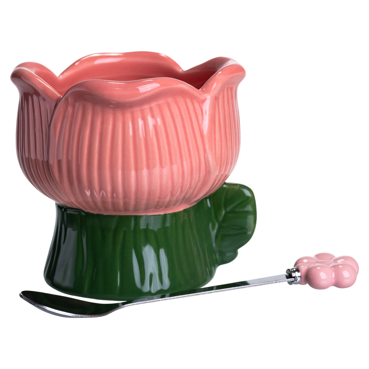 Креманка порцелянова з ложкою у формі квітки 300 (мл) креманка для десертів, морозива та желе Зелений з рожевим FM-42GR