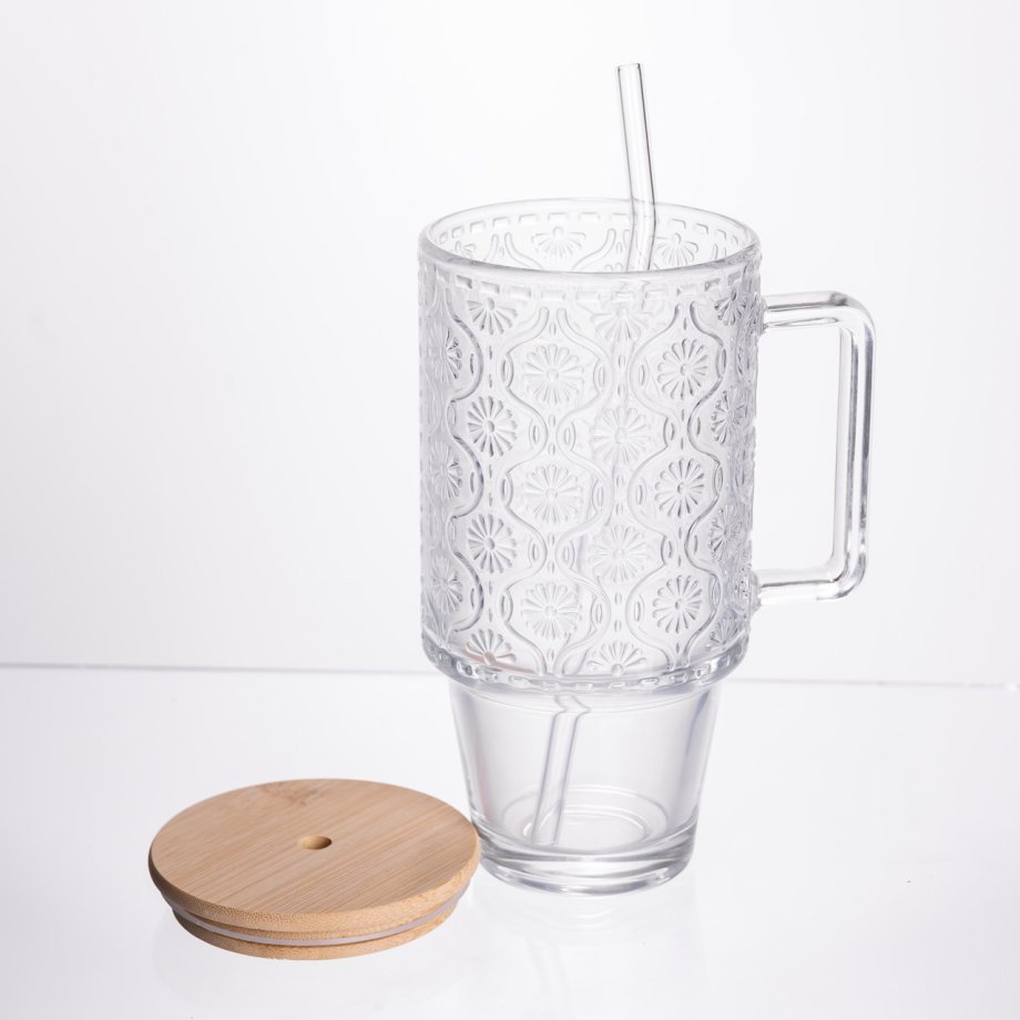 Кружка скляна з кришкою та трубочкою 750 (мл) чашка з трубочкою та кришкою на подарунок HP-19-48N
