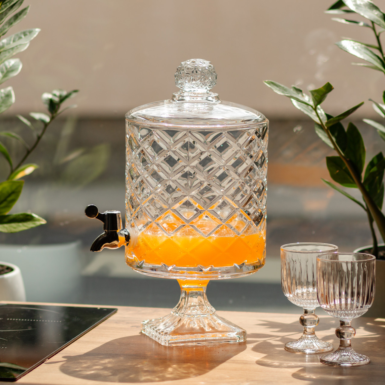 Лимонадниця зі скляним краном 39 см 4,5 л прозора на підставці HP-19-3