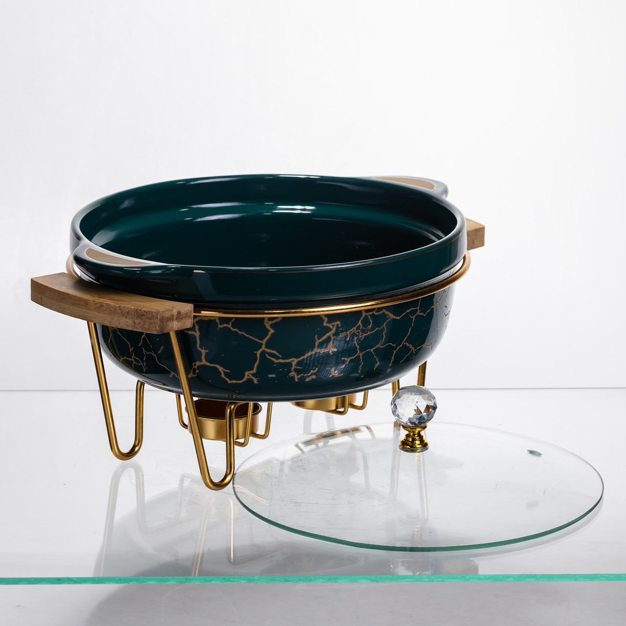 Марміт порцеляновий настільний круглий 1.3 (л) з підігрівом Зелений мармур LC-714