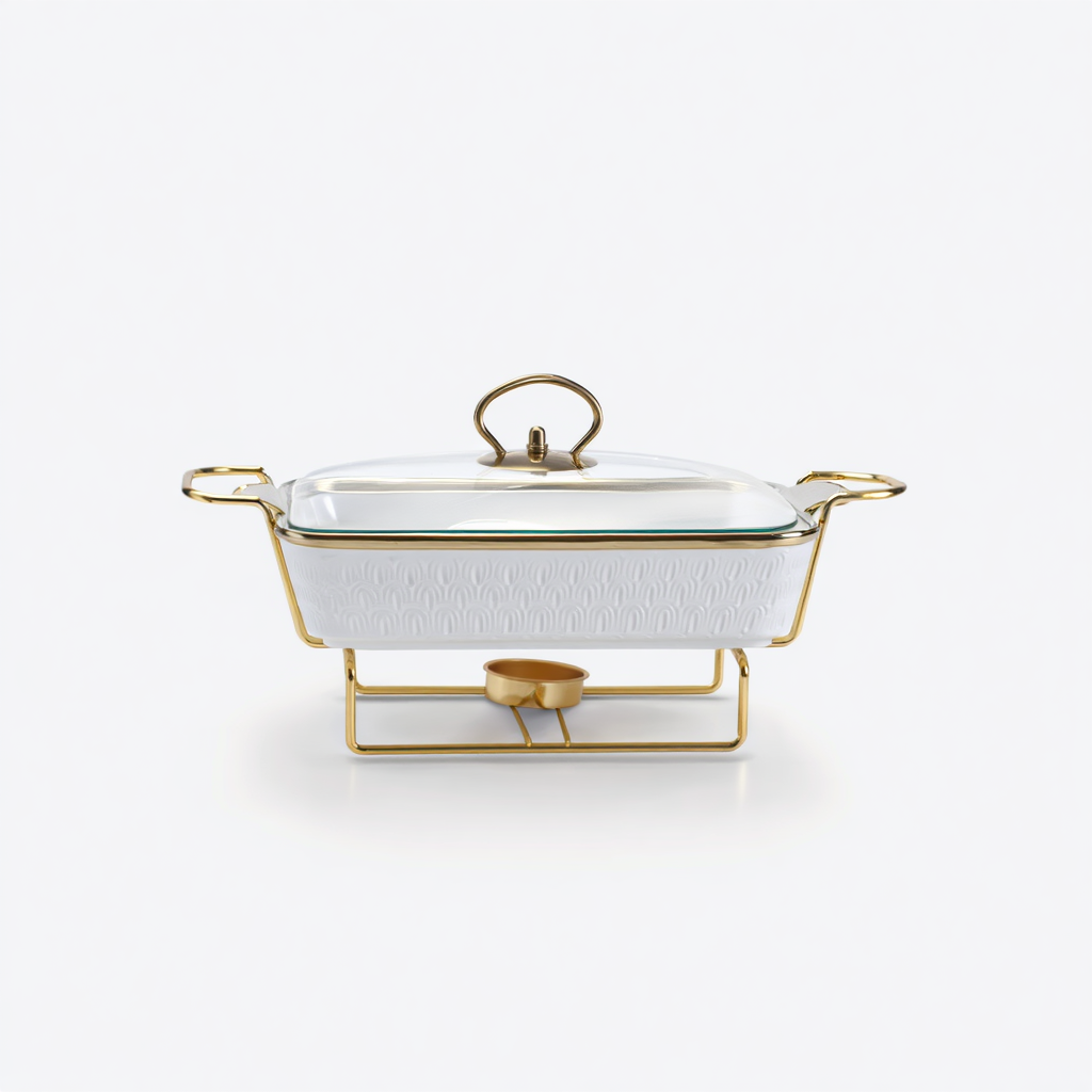 Мармітниця настільна порцелянова 1,5 л прямокутна 35х19х11,5 (см) на підставці Мармур білий HP1014