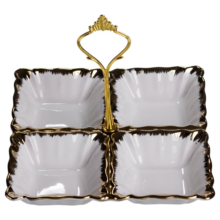 Менажниця порцелянова на 4 секції для закусок тарілка менажниця 18×18×3 (см) менажниця з ручкою Білий з золотом LC-BYL-100