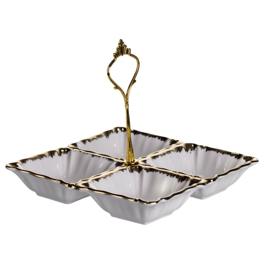 Менажниця порцелянова на 4 секції для закусок тарілка менажниця 18×18×3 (см) менажниця з ручкою Білий з золотом LC-BYL-100