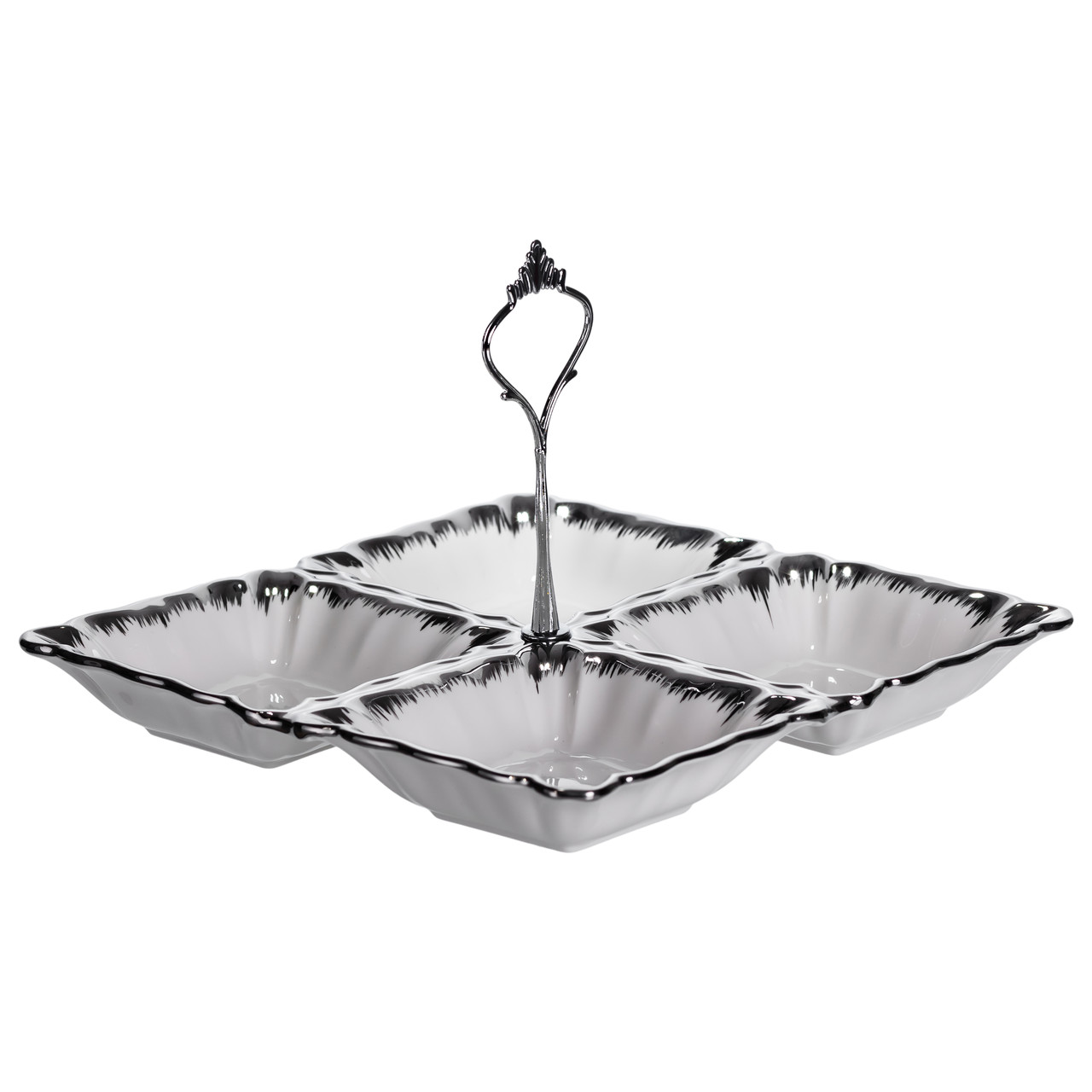 Менажниця порцелянова на 4 секції 22.5×22.5×3 (см) з ручкою Білий зі сріблом LC-BYL-101-S