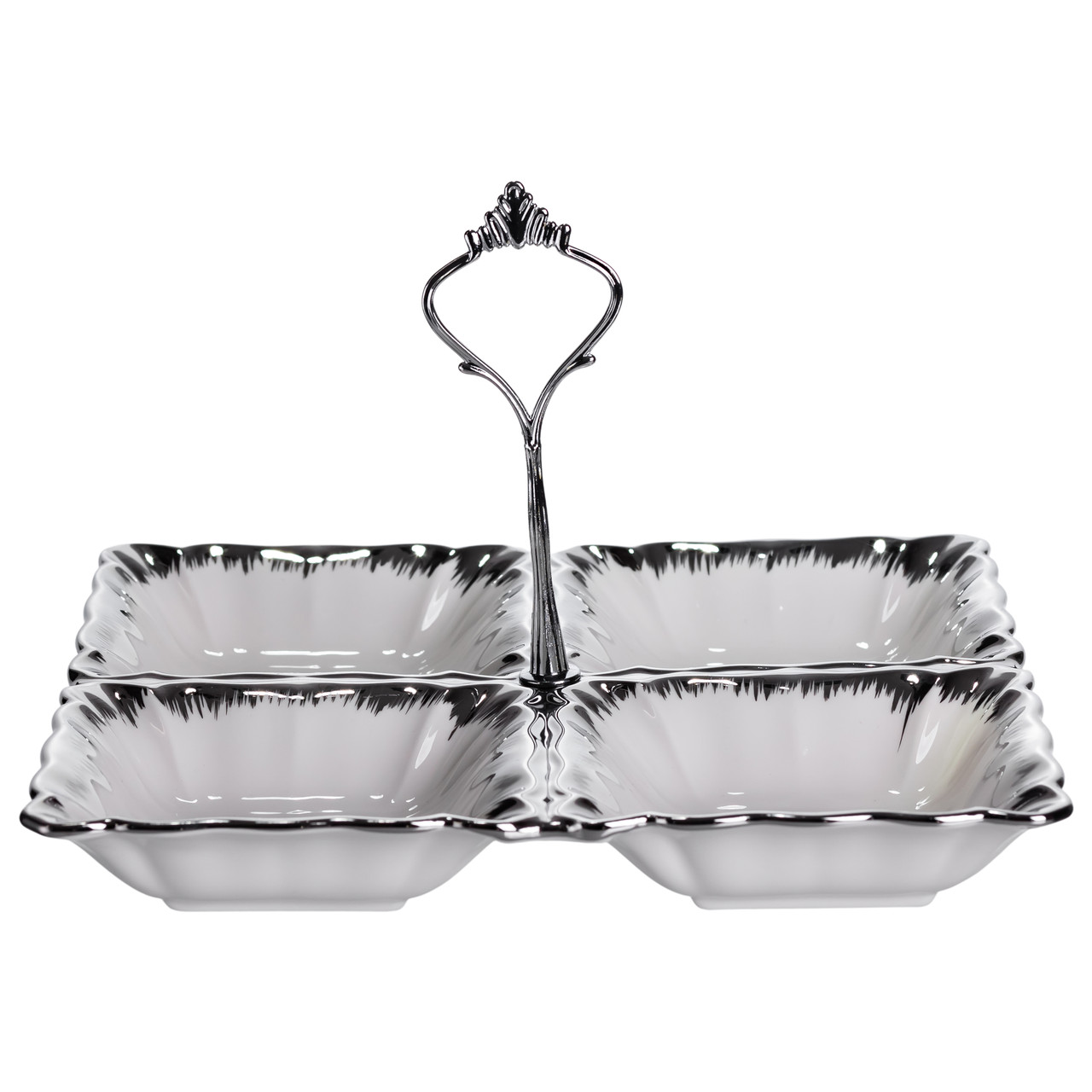 Менажниця порцелянова на 4 секції 22.5×22.5×3 (см) з ручкою Білий зі сріблом LC-BYL-101-S