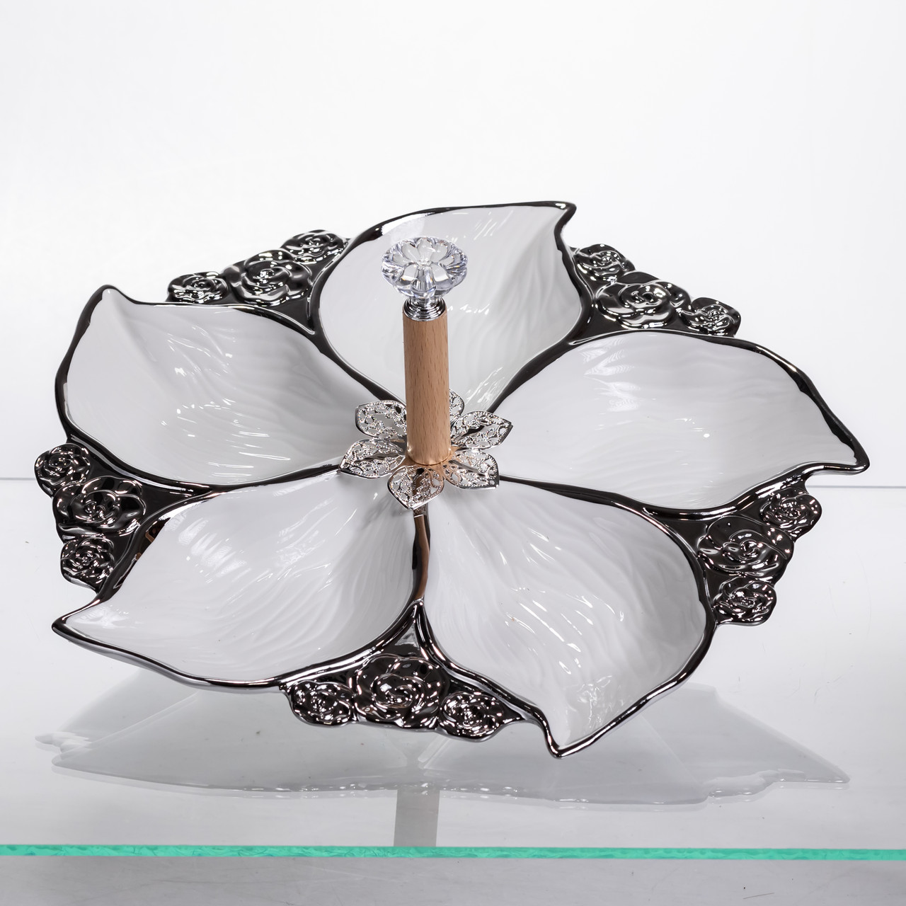 Менажниця порцелянова на 5 секцій для закусок тарілка менажниця 30×30×13 (см) Білий з сріблом 918-44S