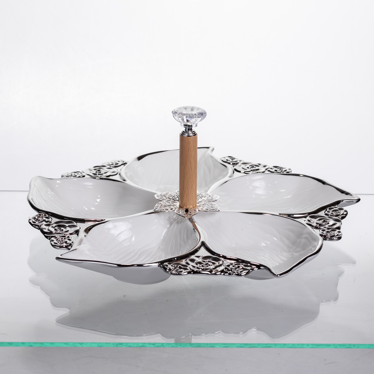 Менажниця порцелянова на 5 секцій для закусок тарілка менажниця 30×30×13 (см) Білий з сріблом 918-44S