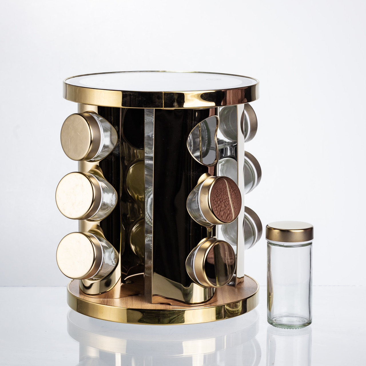 Набір баночок для спецій 12 шт. по 100 мл на підставці з дзеркалом та LED-підсвіткою HP-1358