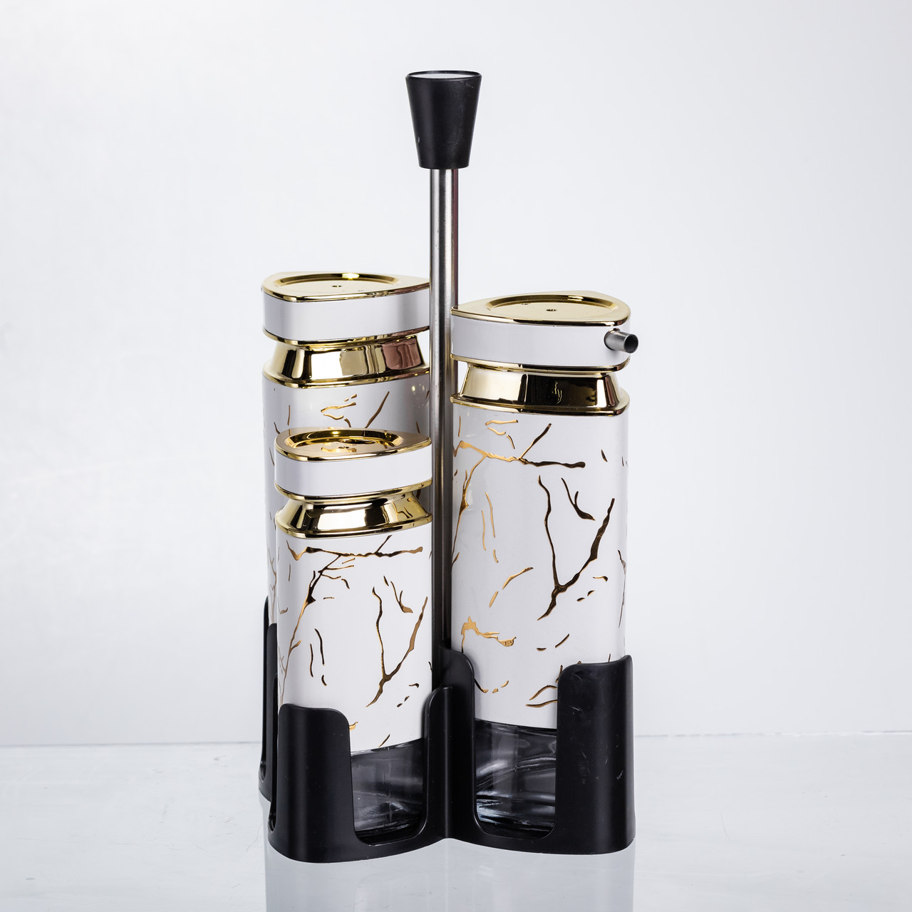 Набір баночок для спецій і рідких текстур 4 предмети на підставці білий мармур HP-1331