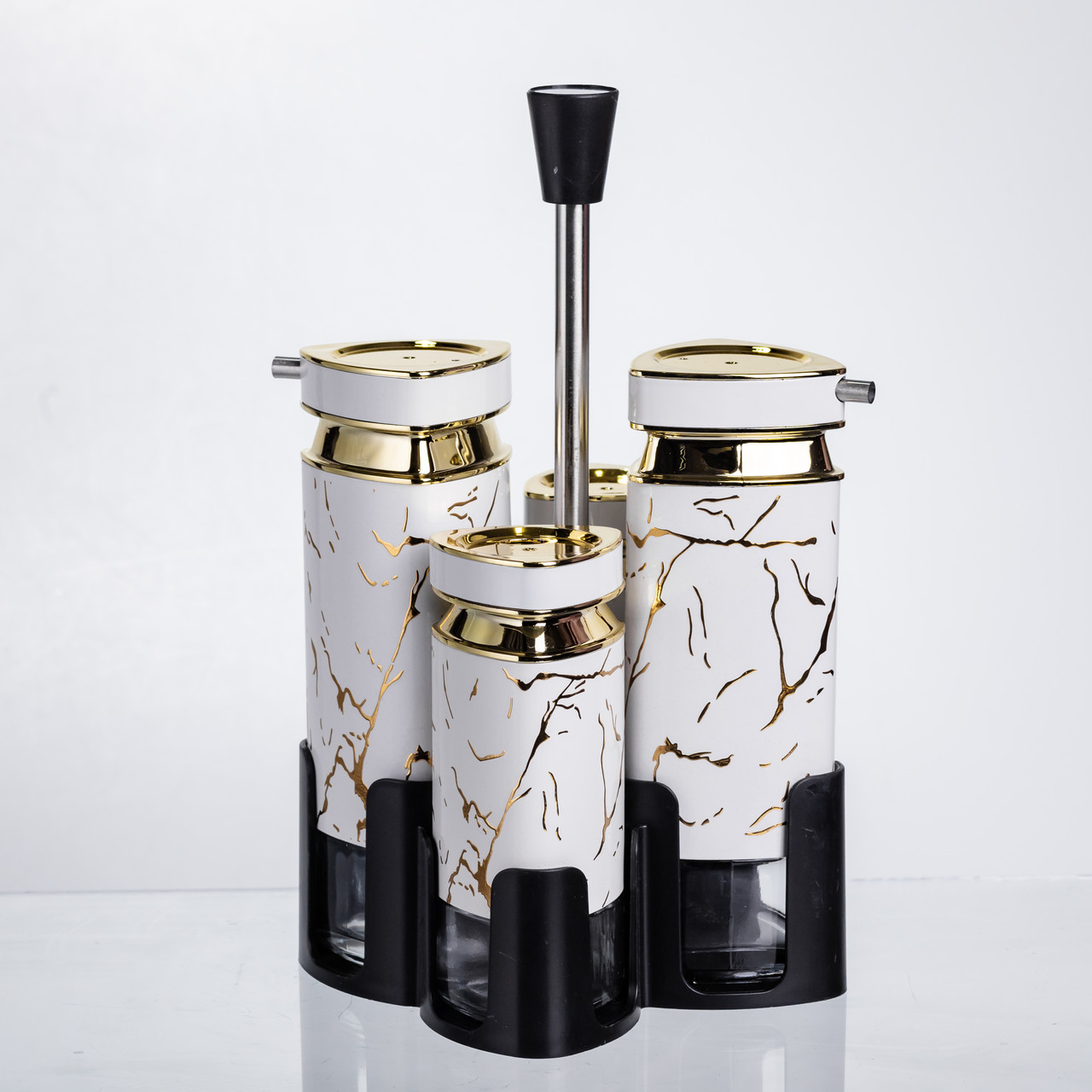 Набір баночок для спецій і рідких текстур 4 предмети на підставці білий мармур HP-1331