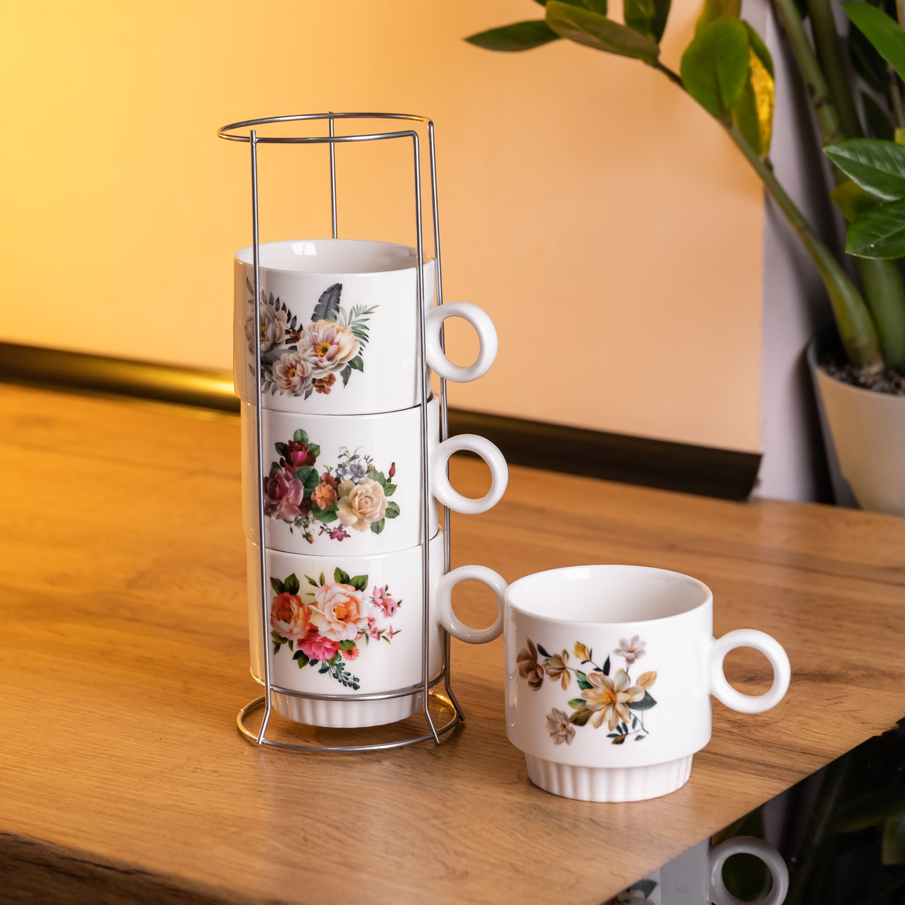 Набір чашок для чаю та кави на металевій підставці Flower 4 (шт) по 300 (мл) подарунковий набір порцелянових чашок FM-7
