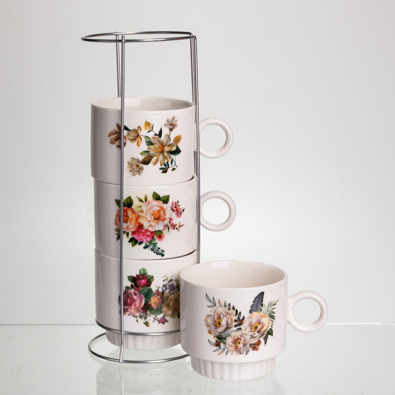 Набір чашок для чаю та кави на металевій підставці Flower 4 (шт) по 300 (мл) подарунковий набір порцелянових чашок FM-7