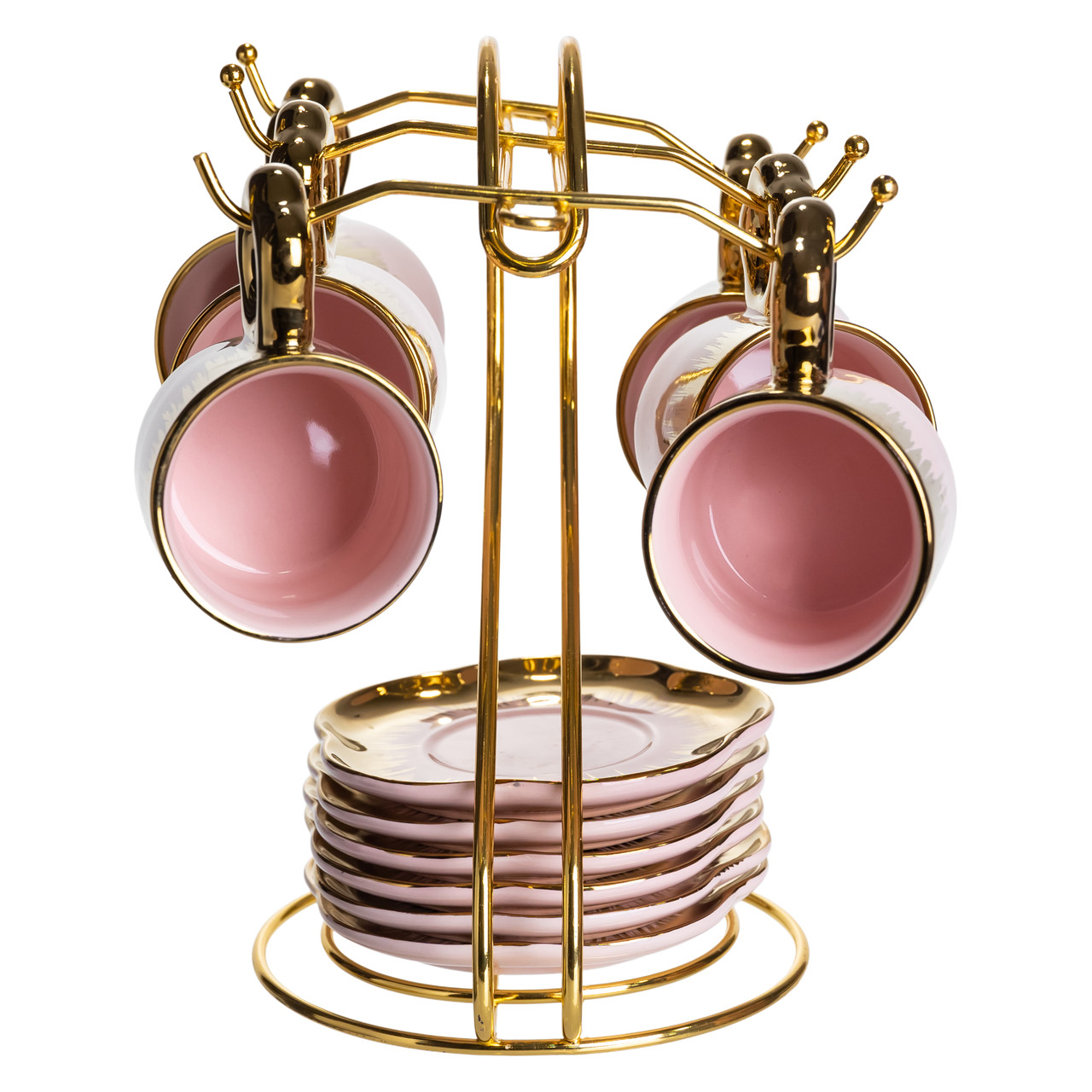 Набір чашок для кави на металевій підставці 6 (шт) по 100 (мл) подарунковий кавовий сервіз набір чашок Розовий із золотом FM-48